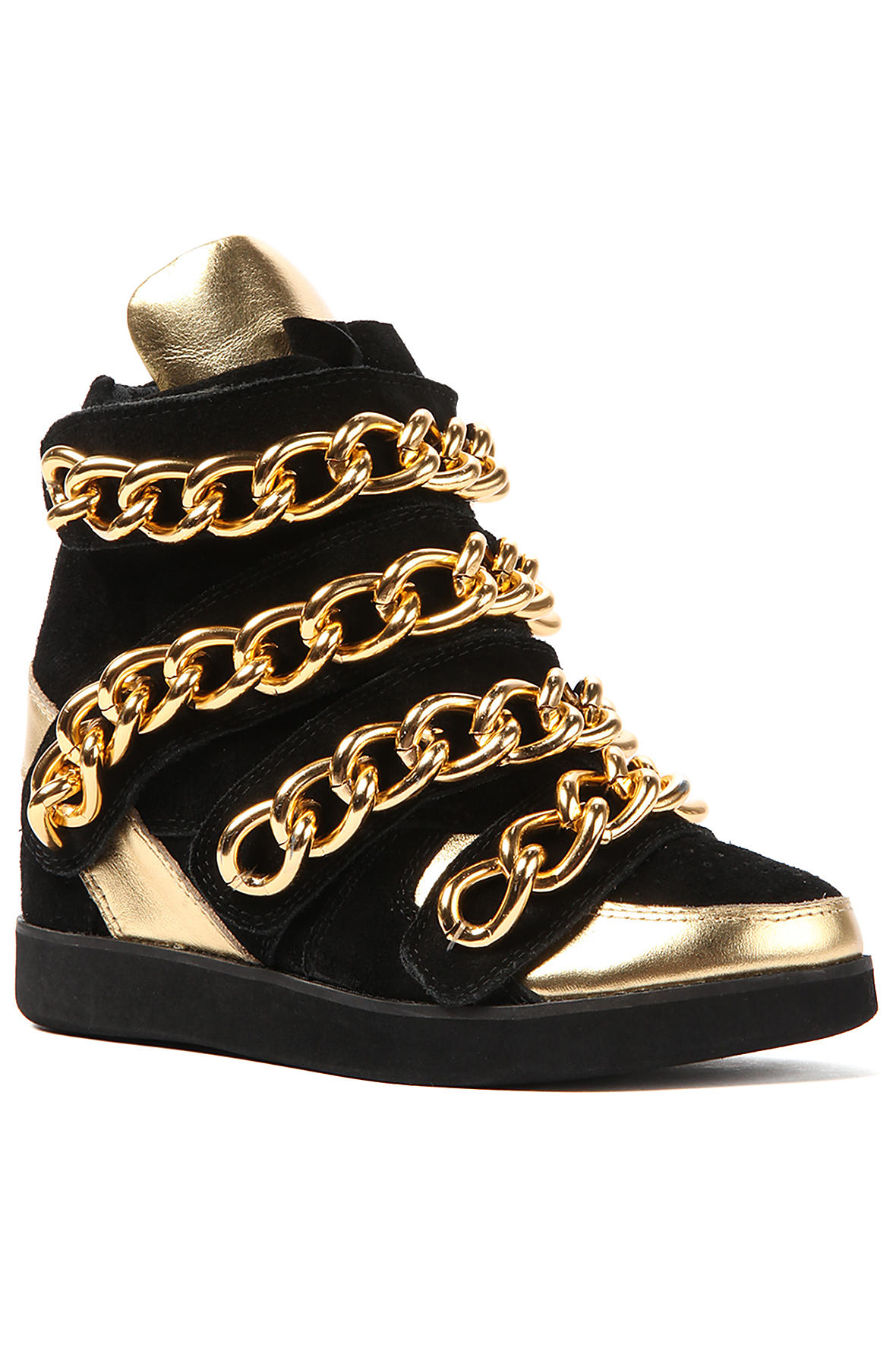 JEFFREY CAMPBELL Almost Chain Sneaker in Suede and Gold ALMOST-CHAIN-BLK-GLD Shiekh