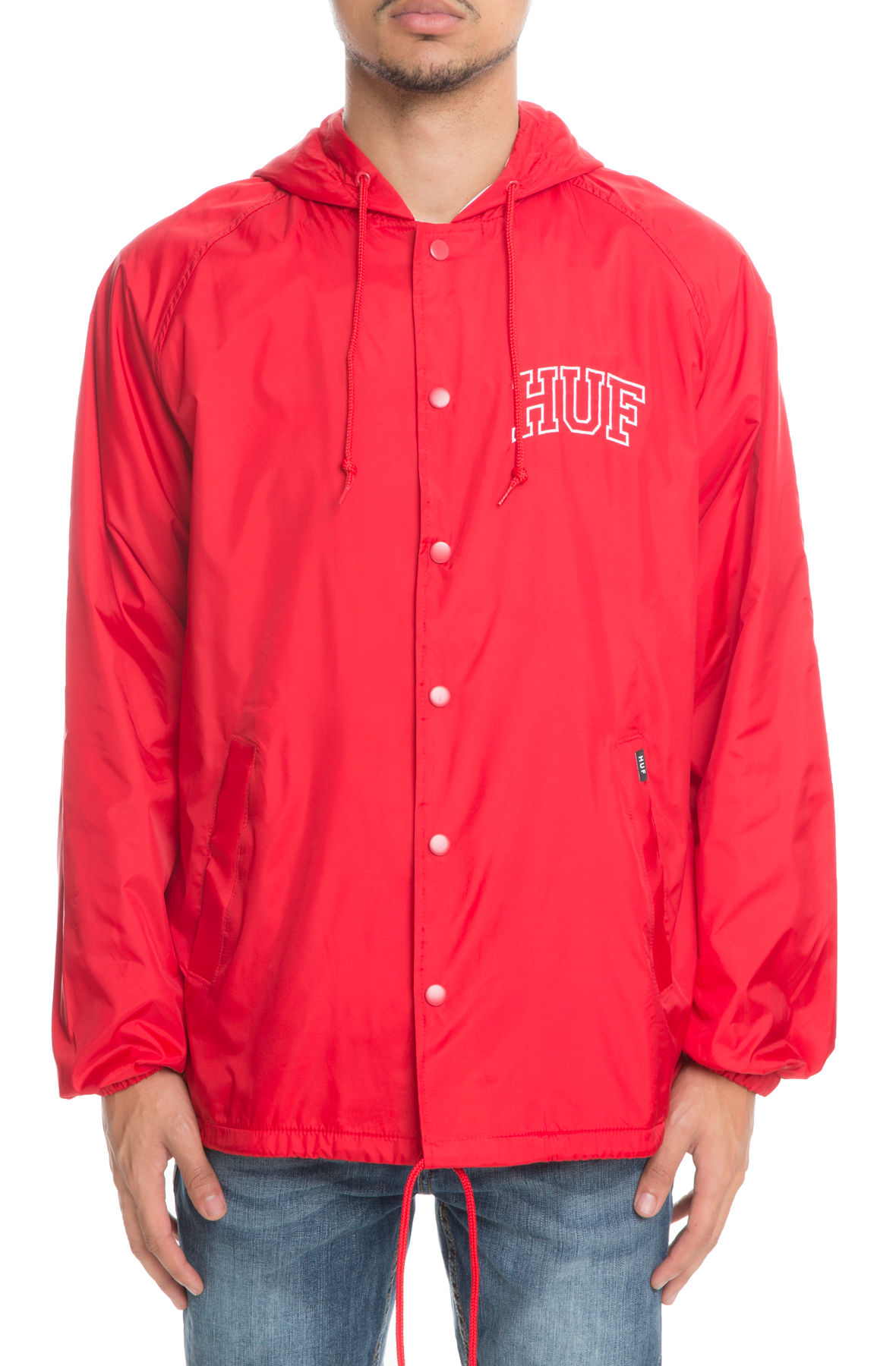 THE ARCH LOGO HOODED COACHES JACKET IN JK00052-RED