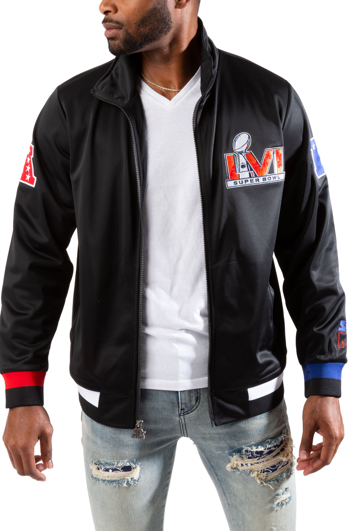 Men's Starter x MSX by Michael Strahan Blue/Cream Super Bowl LVI Skyline  Full-Zip Track Jacket