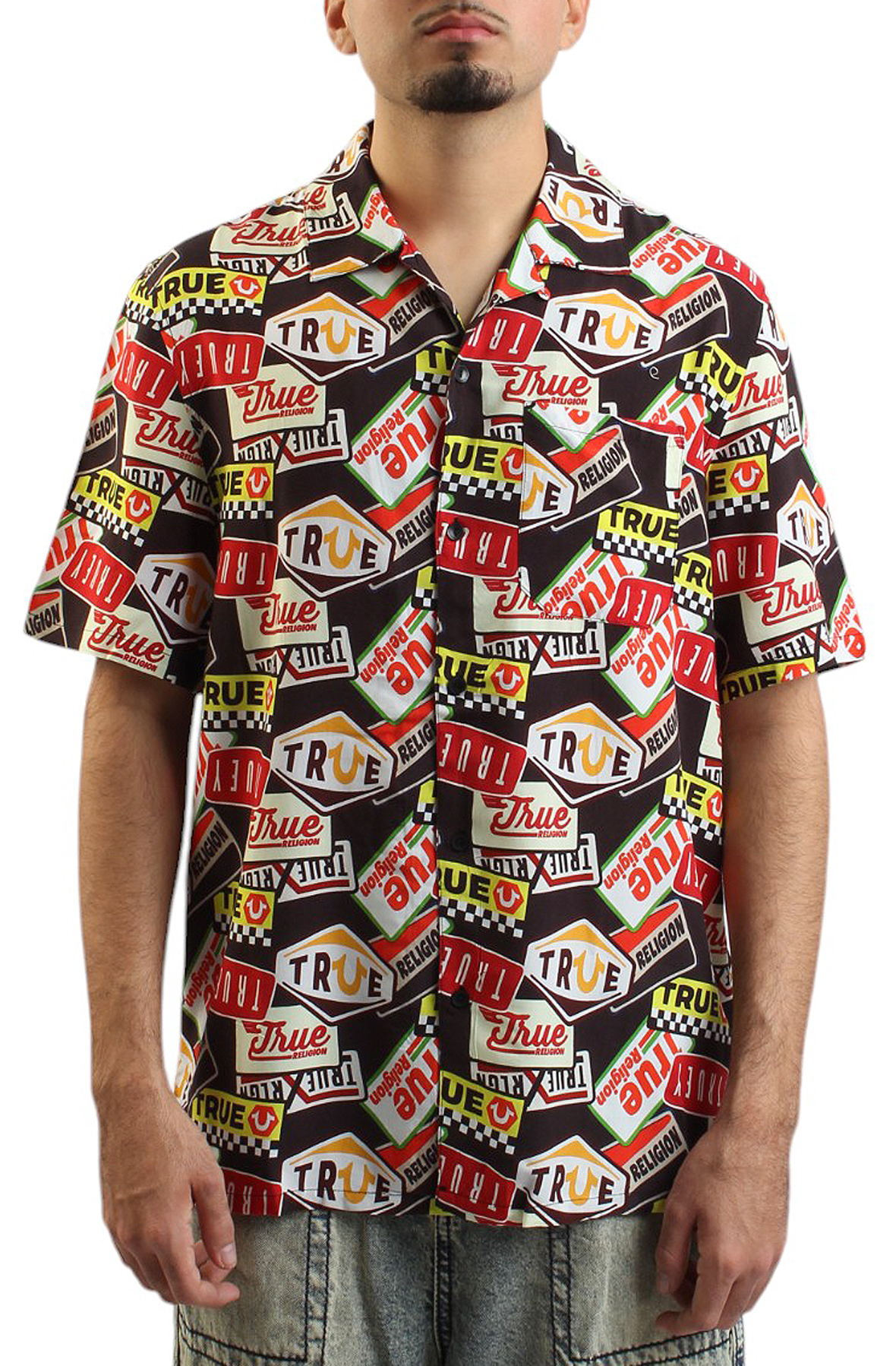 TRUE RELIGION Allover Vintage Logo Camp Collar Shirt 109396