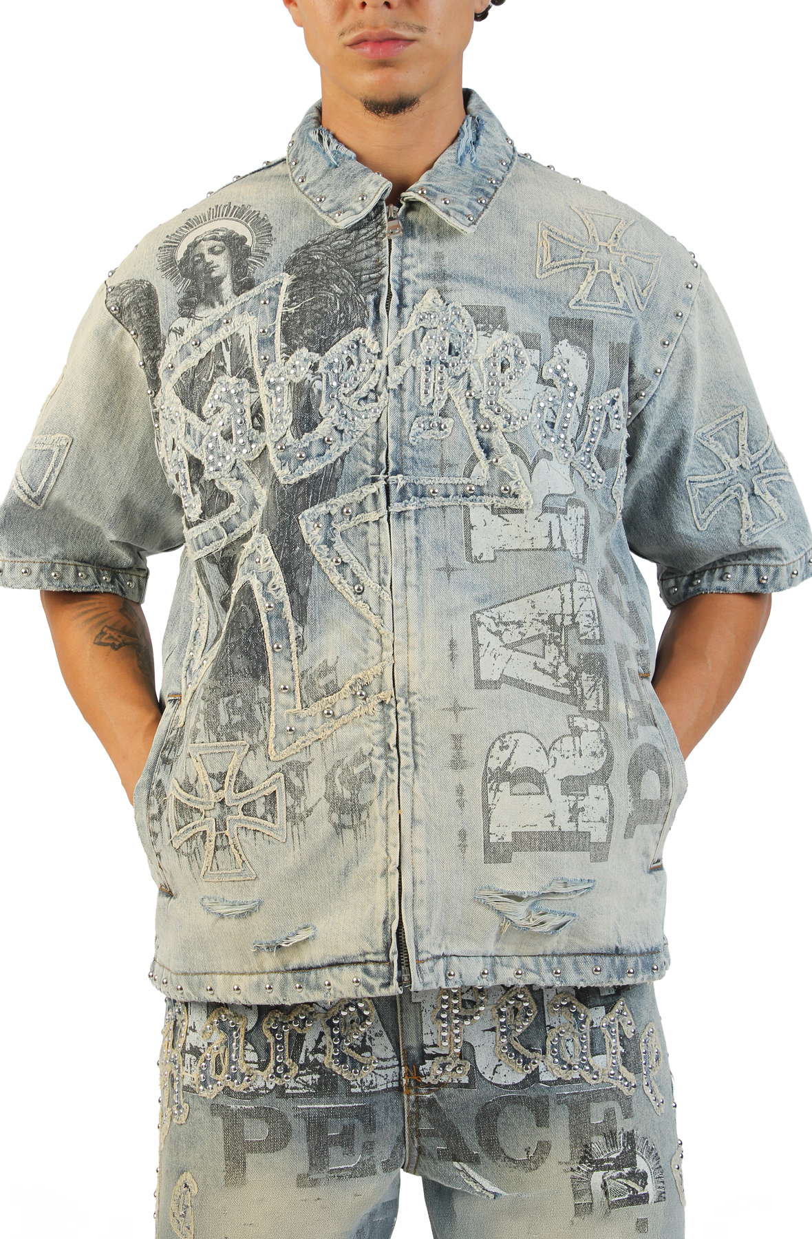 RARE PEACE Denim Angel Zip Shirt RJ6063-TINT - Shiekh