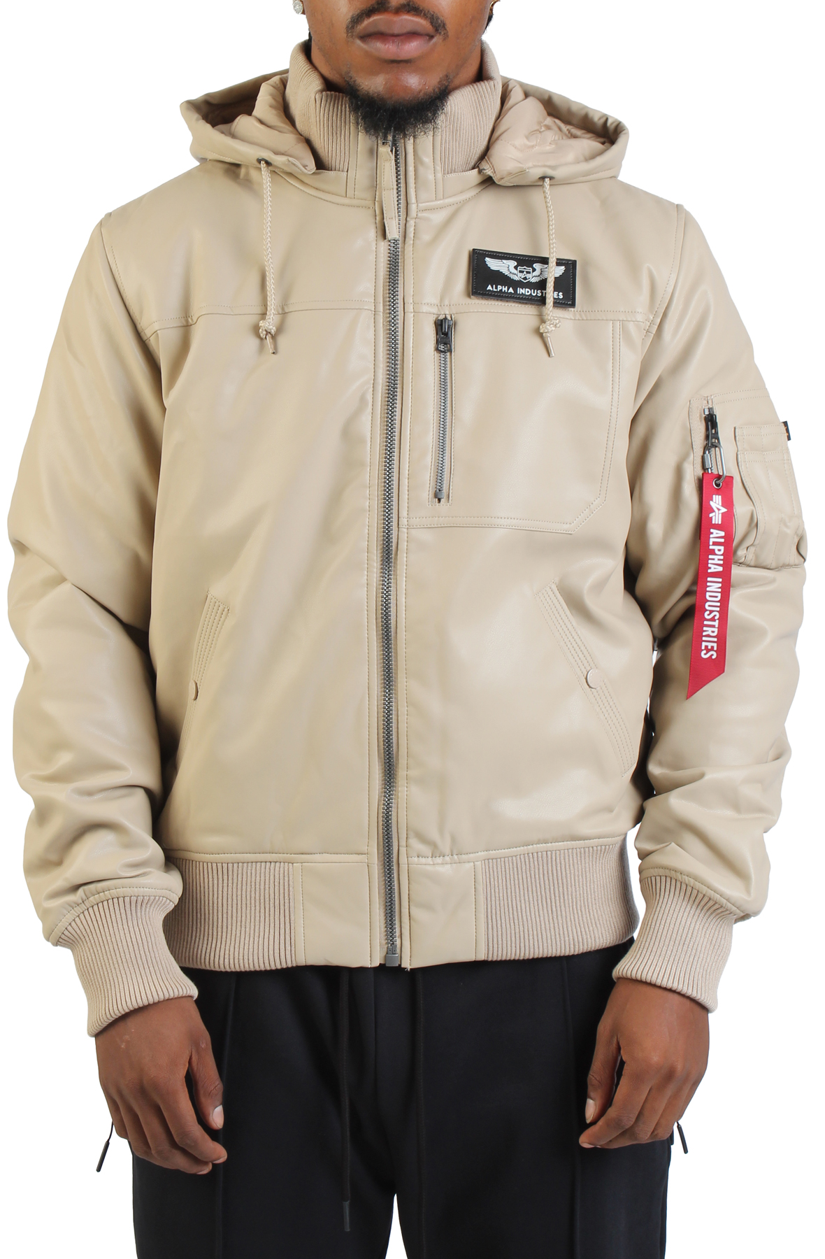 ALPHA Faux Leather Hooded Rib Flight Jacket MJF55501C1-KHA - Shiekh