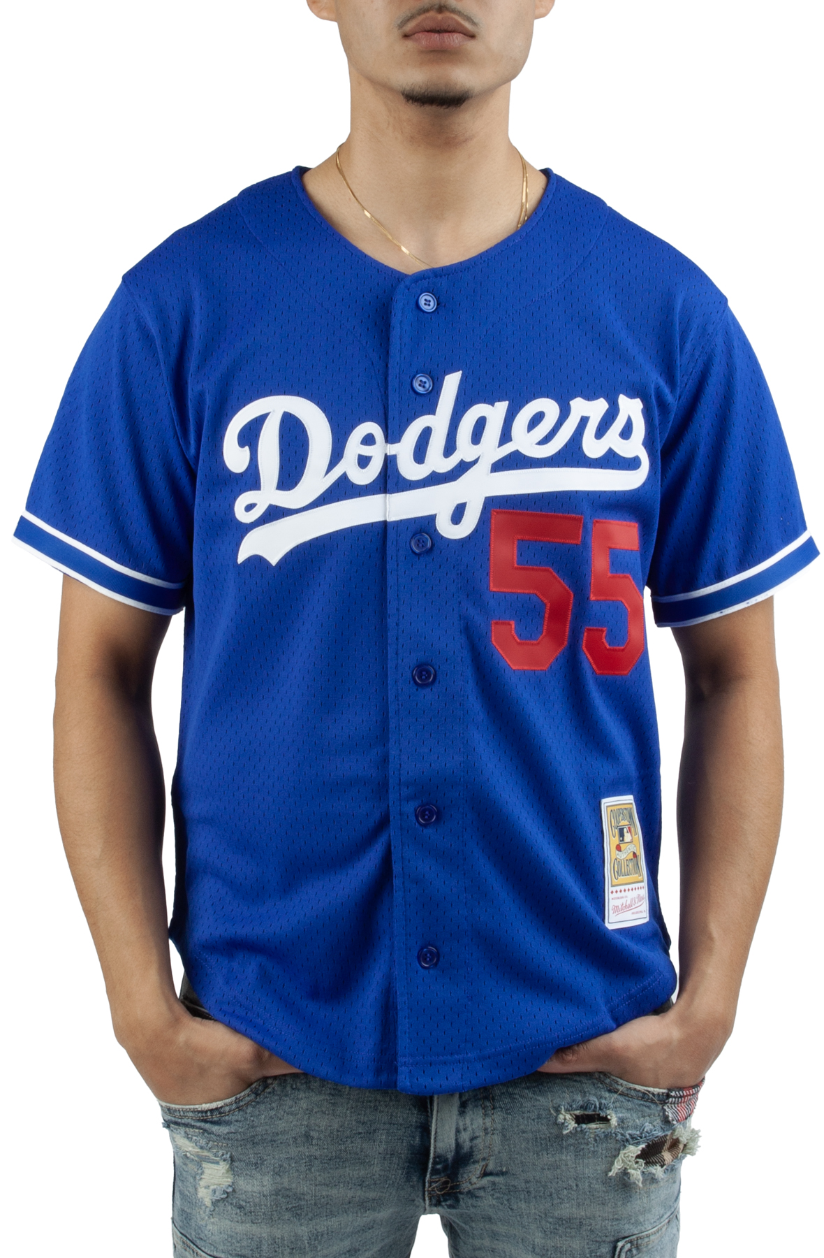 Men's Mitchell & Ness Orel Hershiser Royal Los Angeles Dodgers Cooperstown Collection Mesh Batting Practice Button-Up Jersey Size: Medium