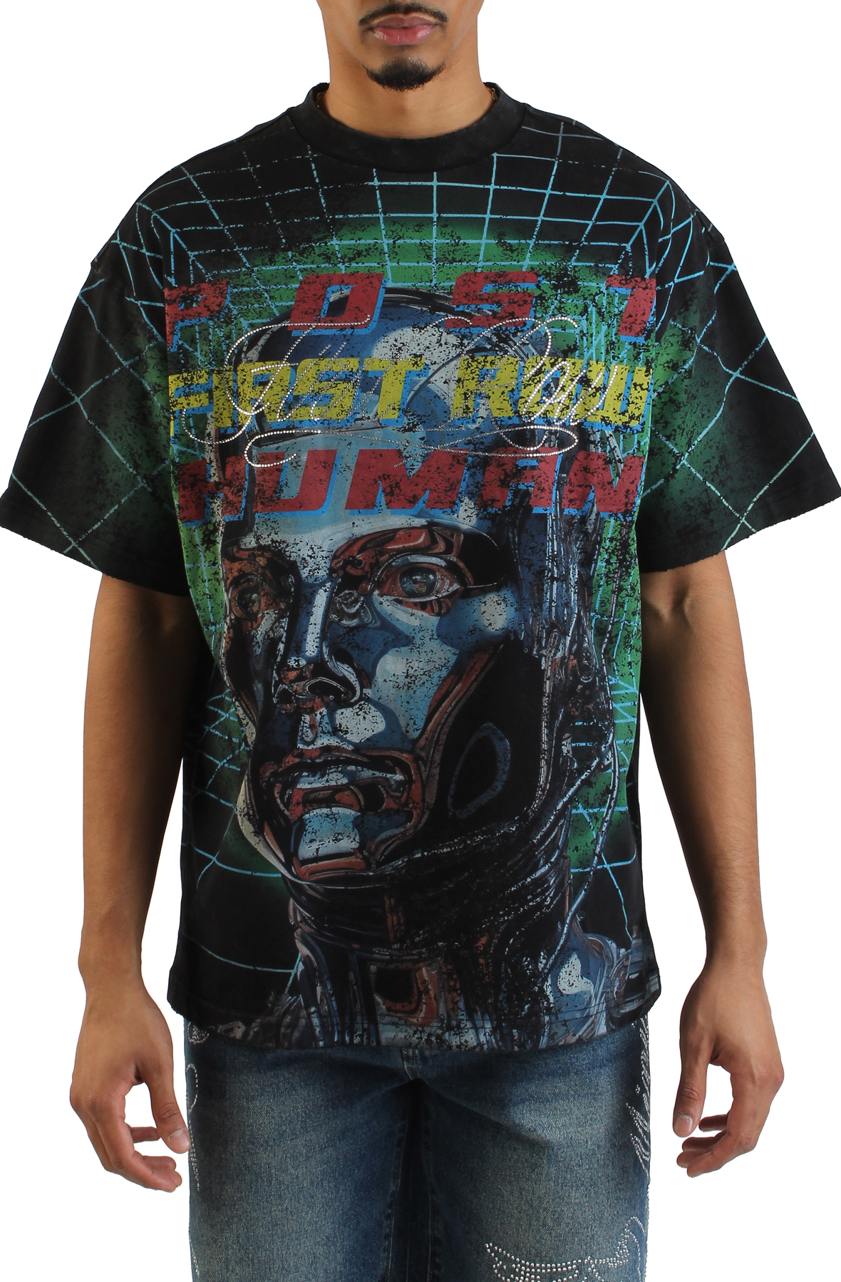 FIRST ROW Post Human Grid T-Shirt FRT2219-BLK - Shiekh