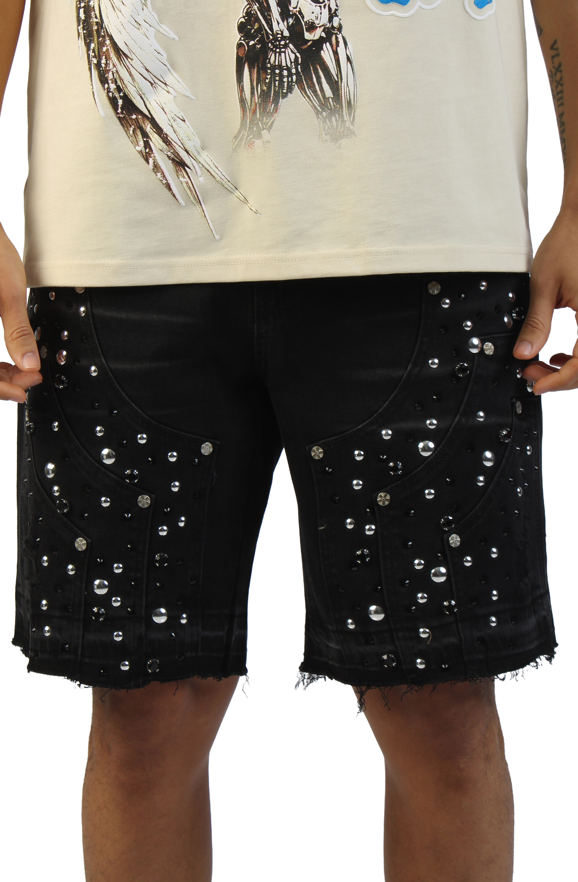 HUDSON Side Panel Studded Denim Shorts 644-BLK - Shiekh