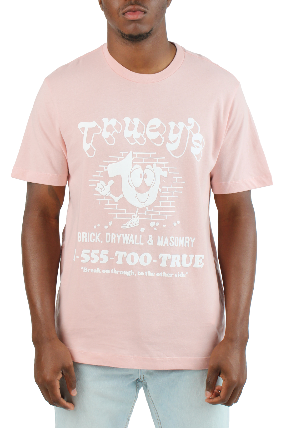 Pink and white true religion shirt cheap