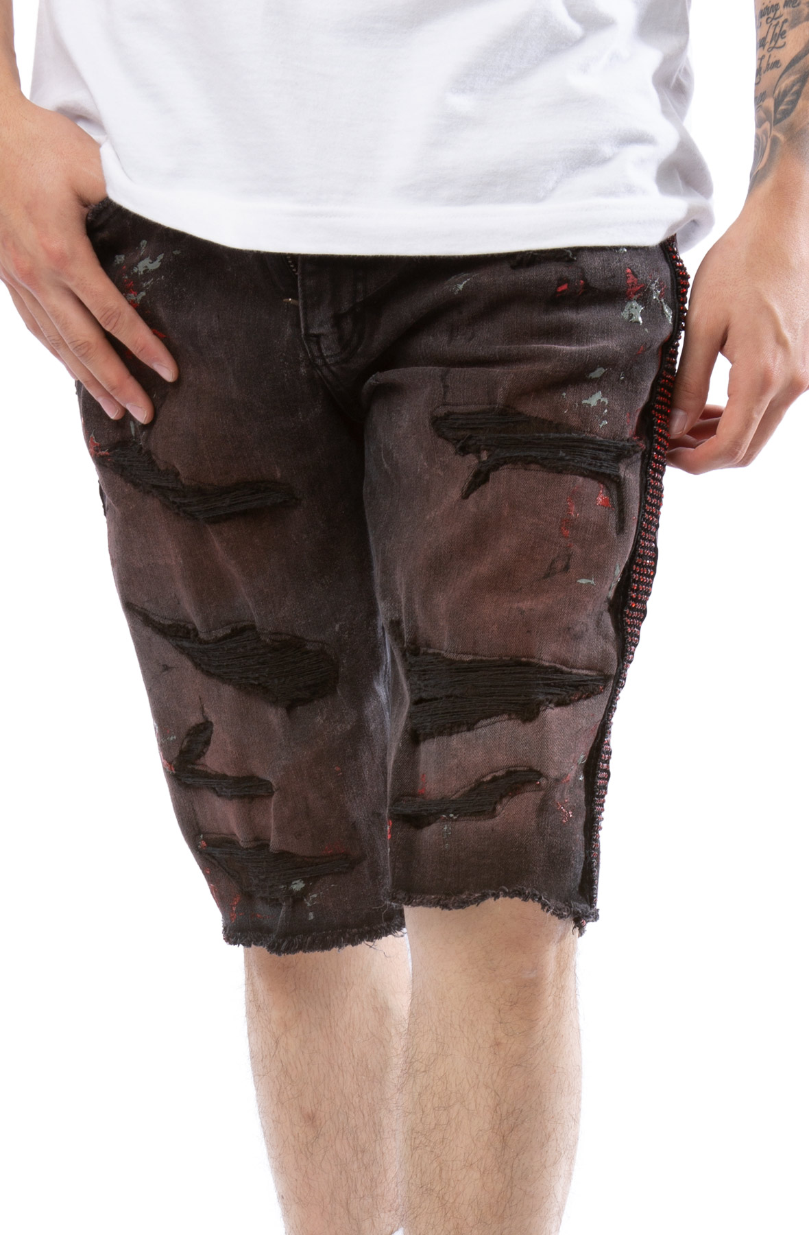 Rhinestone Striped Denim ShortsRed