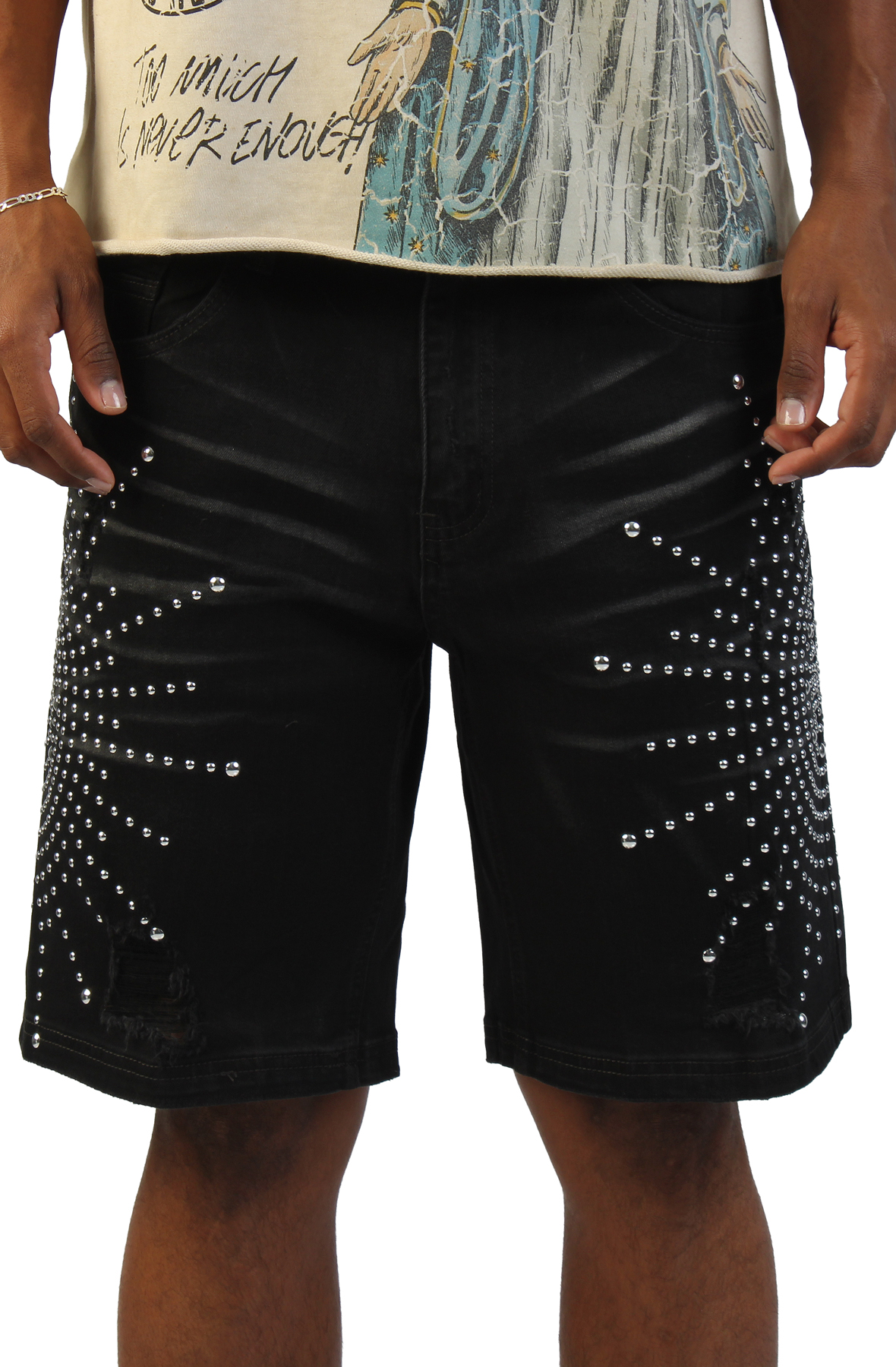 HUDSON Sunburst Studded Rhinestone Shorts 642-BLK - Shiekh