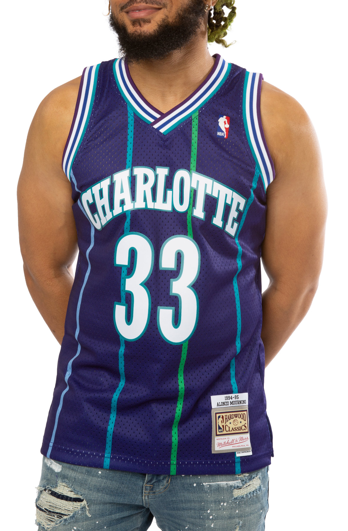 Men's Mitchell & Ness Alonzo Mourning Teal Charlotte Hornets Hardwood  Classics Name & Number T-Shirt