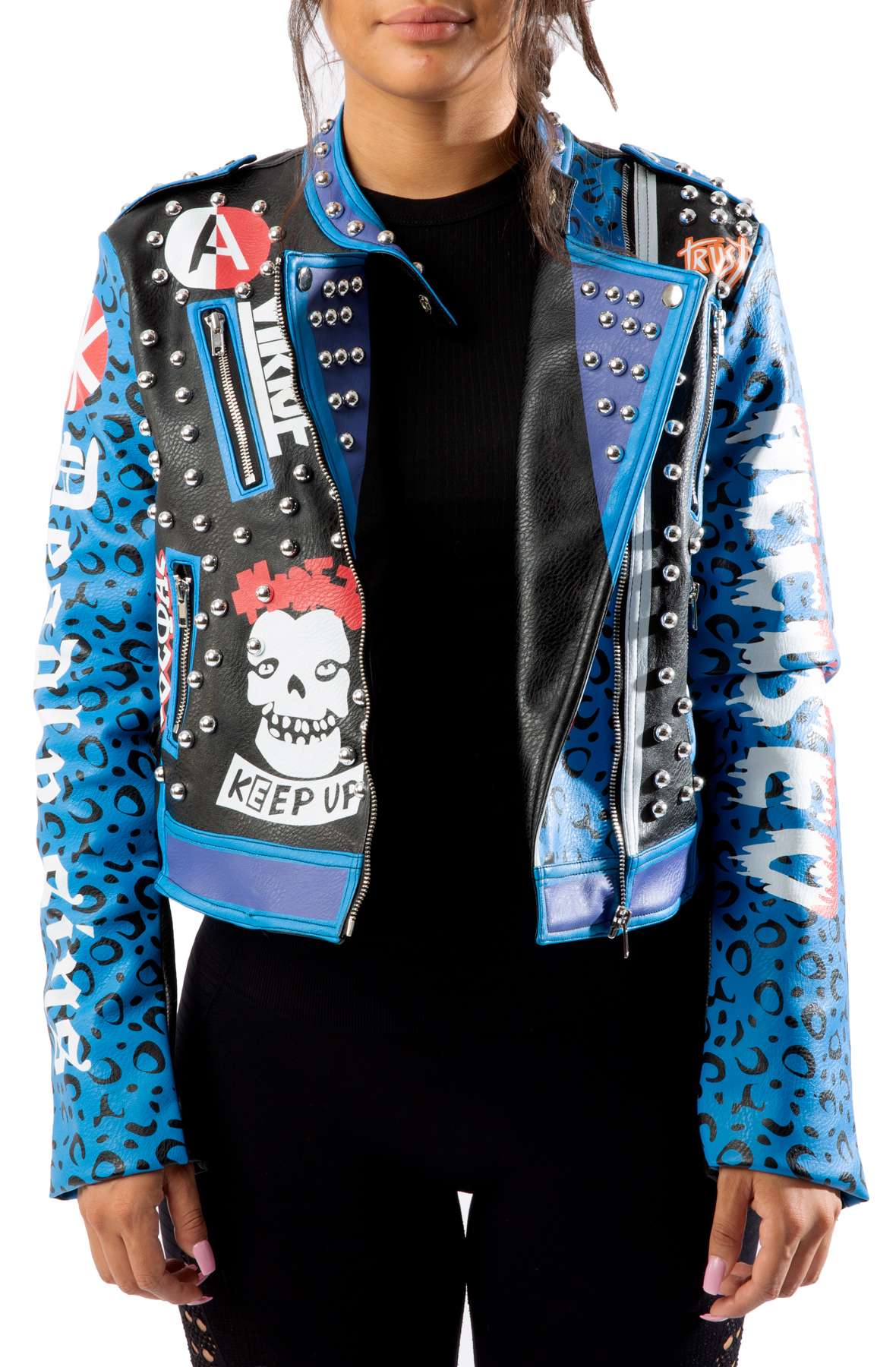 AZALEA WANG Graphic Studded Leather Jacket BLUEWORLD-BLU - Shiekh