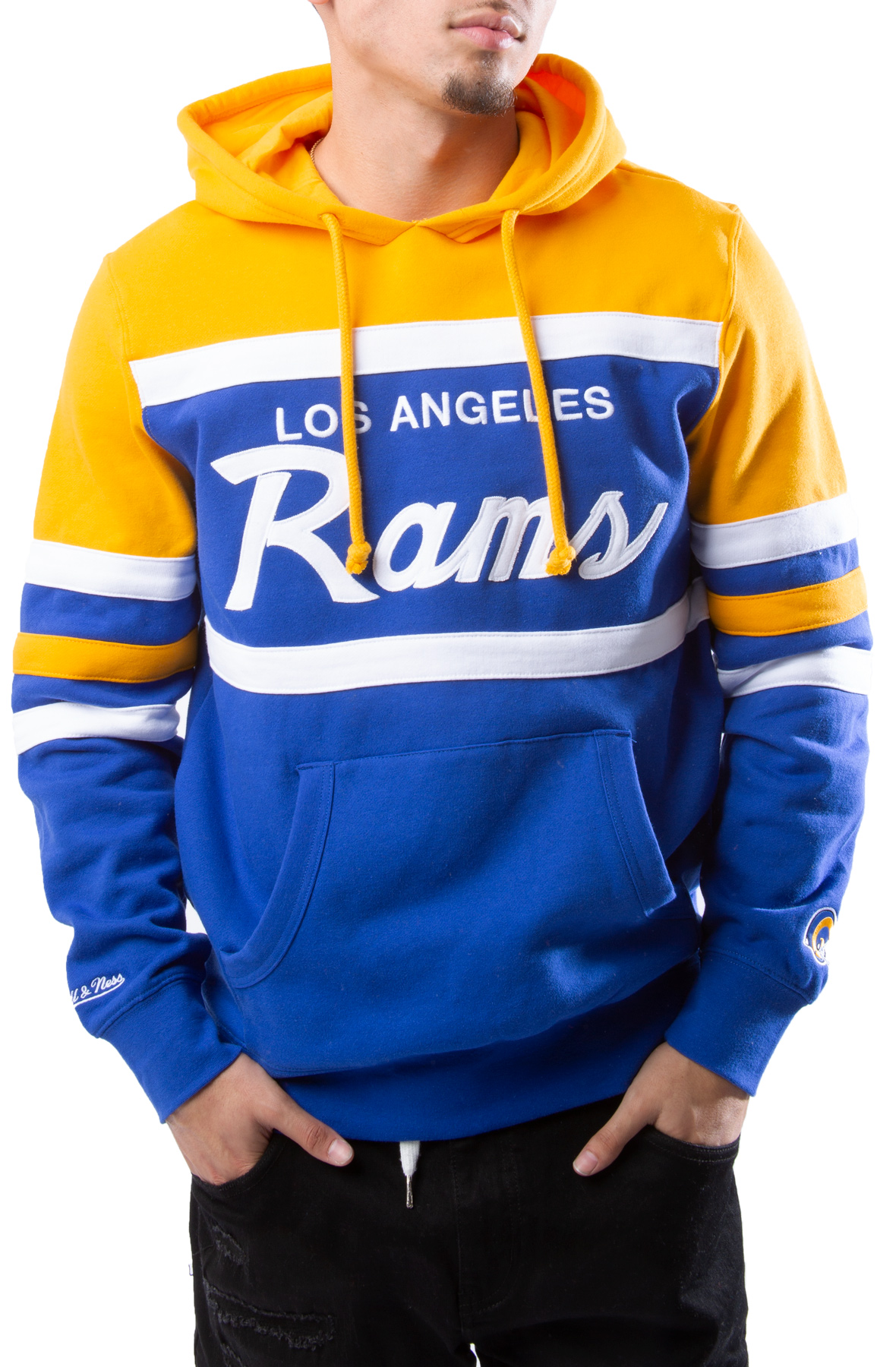 Men's Mitchell & Ness Royal Los Angeles Rams Pre-Game Short Sleeve Pullover Hoodie Size: Large