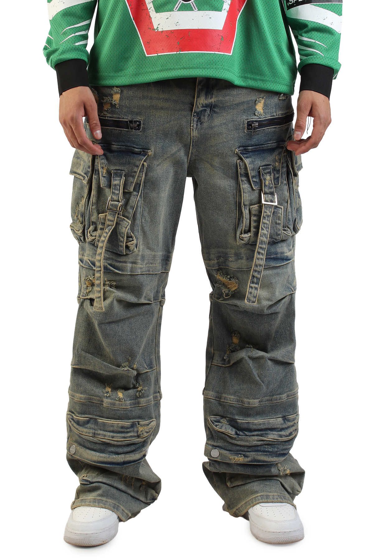 FIRST ROW Y2K Utility Cargo Denim Pants FRD3116A-STONE - Shiekh