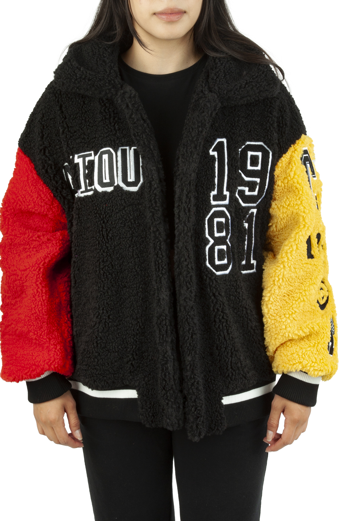 AZALEA WANG Pick A Vowel Oversized Teddy Varsity Jacket SOLO