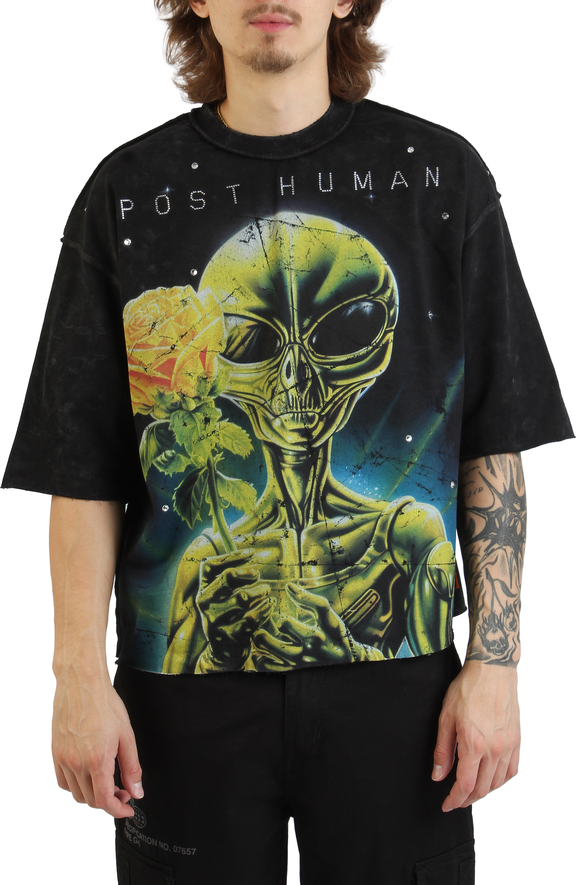 FIRST ROW Post Human Soft Touch Washed Cropped T-Shirt FRM3018-BLK