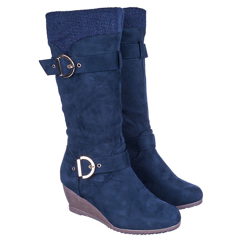 ladies navy wedge boots