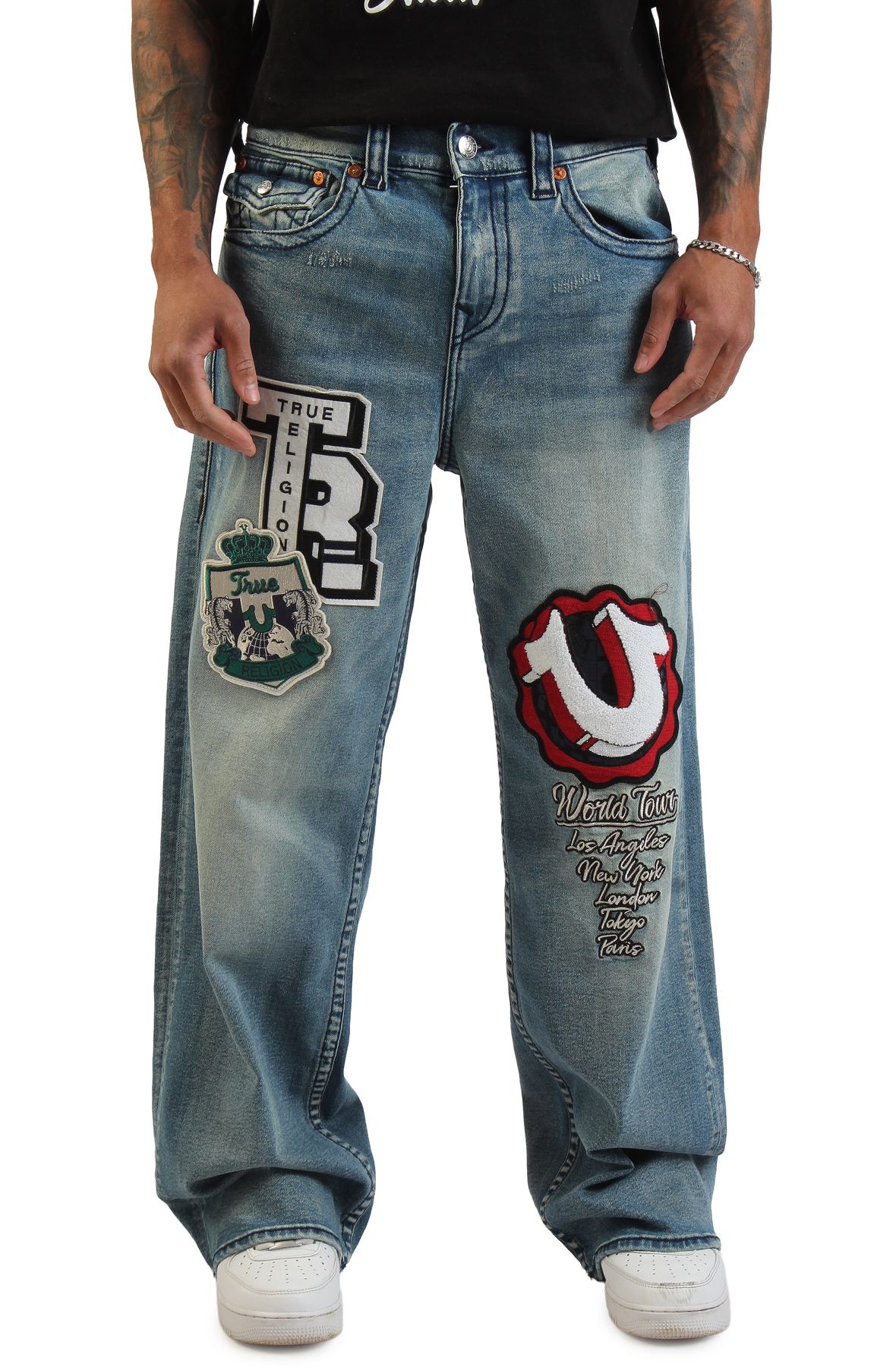 TRUE RELIGION Vinny Varsity Patch Big T Ultra Baggy Jean 34 110197