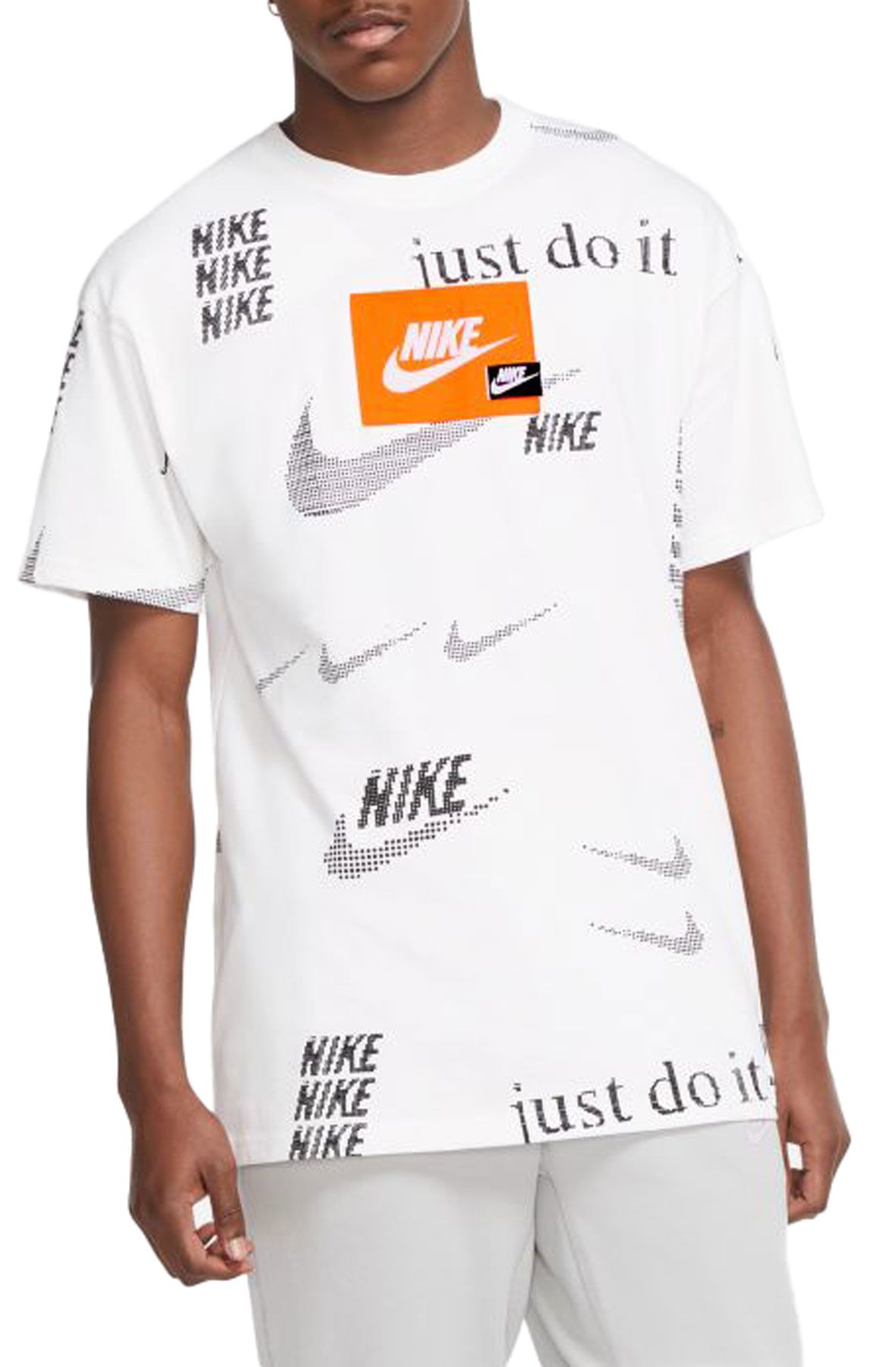 Nike Sportswear Mens Logo T-Shirt (Small, White (Lime Green Text/Black  Razor Swoosh))