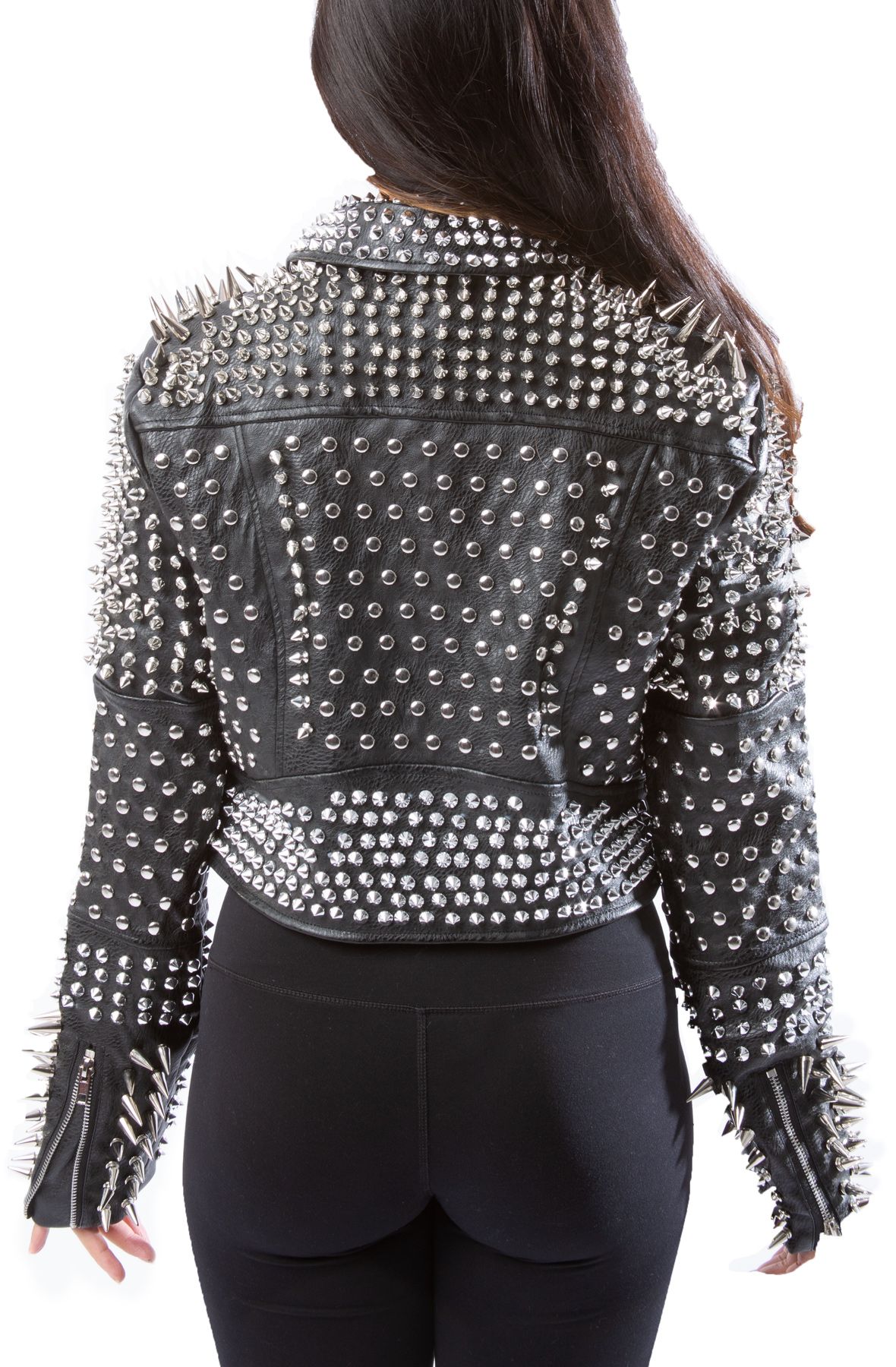 AZALEA WANG Lucifer Studded Crop Leather Jacket LUCIFER-BLK-SLV