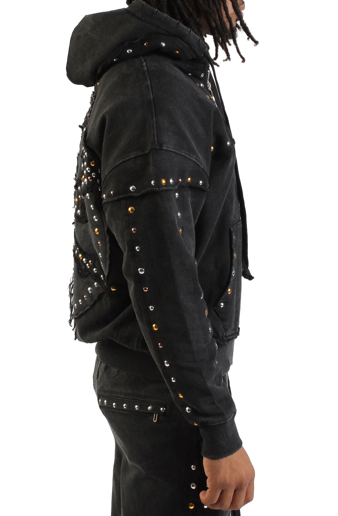 HUDSON Studded Fleece Oversized Zip-Up Hoodie 585-BLK - Shiekh