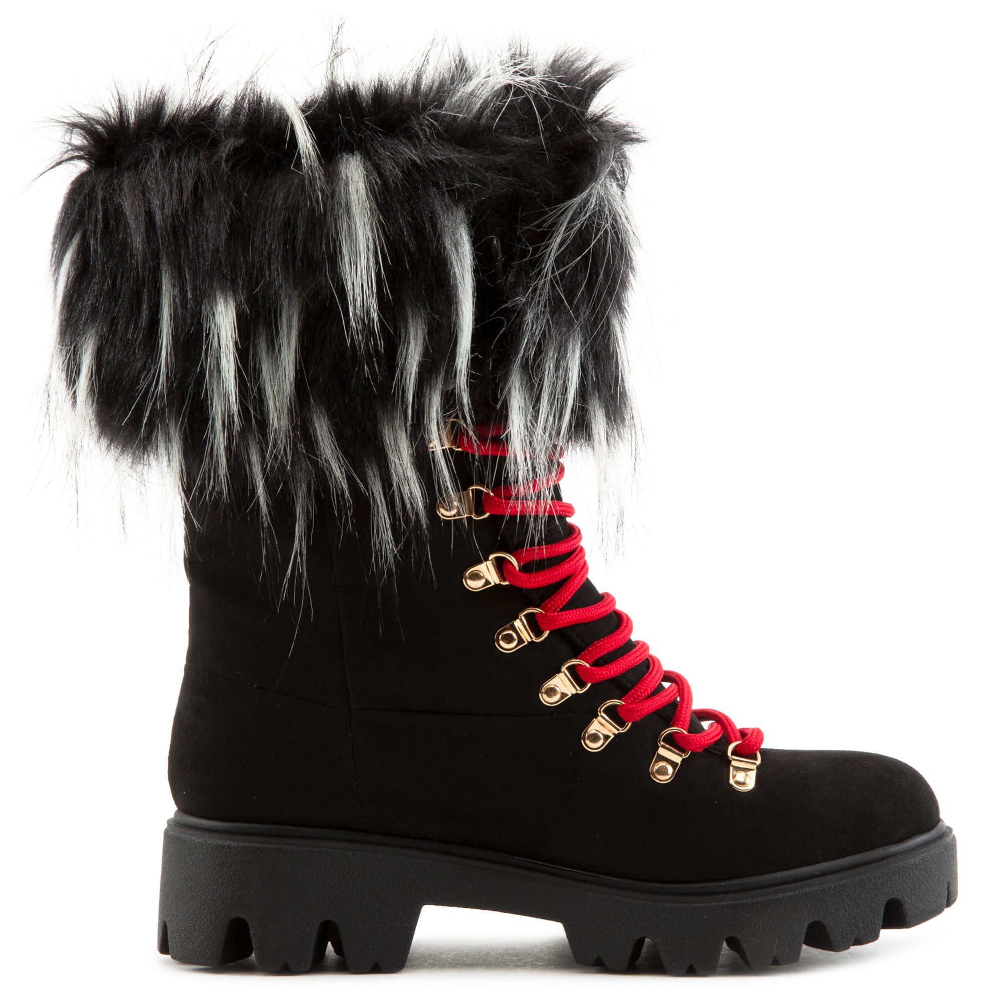 BAMBOO Force-11 Lace-Up Fur Boots JPM FORCE-11-BLKFS - Shiekh