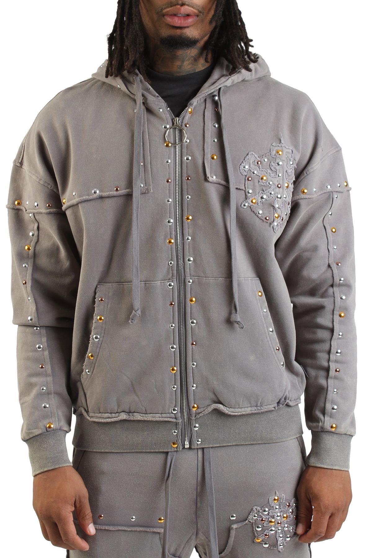 HUDSON Studded Fleece Oversized Hoodie 585-GRY - Shiekh