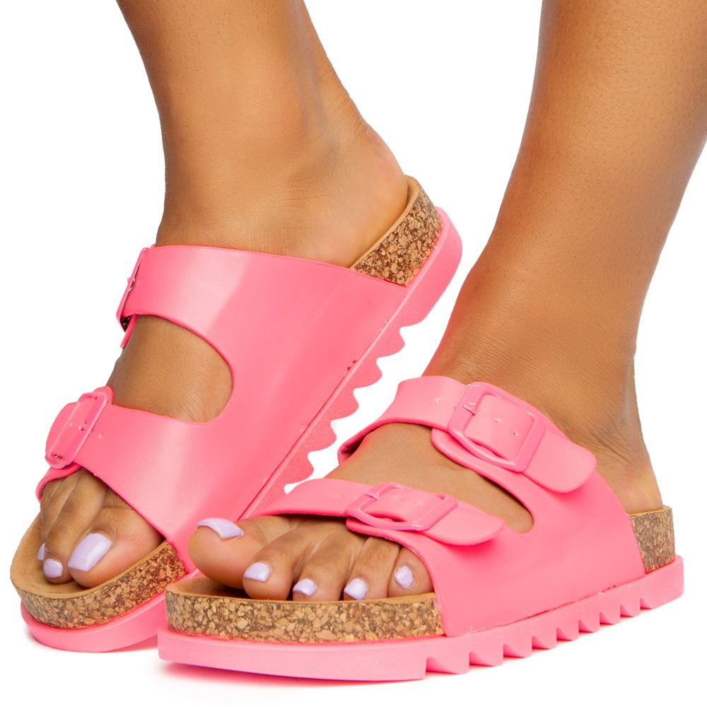 pink buckle sandals