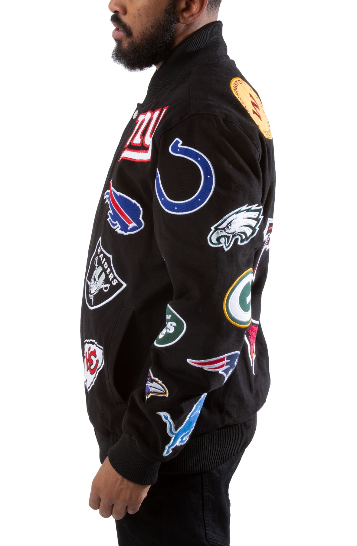 NFL C0LLAGE JACKET BLACK-MULTI COLOR MENS JACKET BIG LOGO NFL TEAM