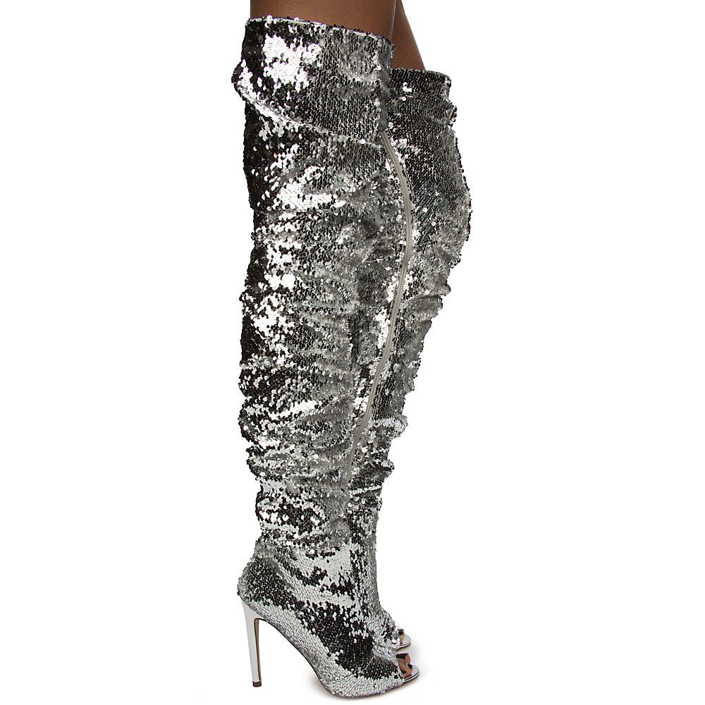 SHIEKH Women's Emelia10 Over The Knee Boot EMELIA10/SILVER SEQUIN