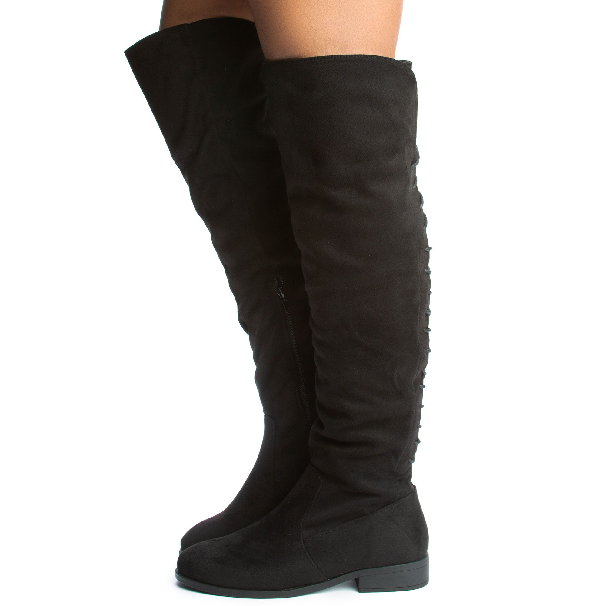 Thigh high black suede boots flat sale