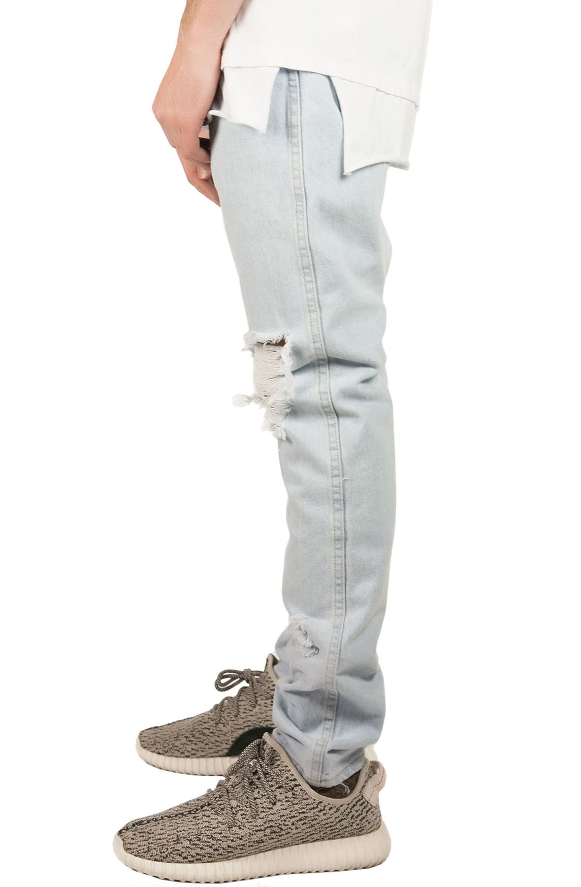 bleached indigo ripped tapered denim jeans