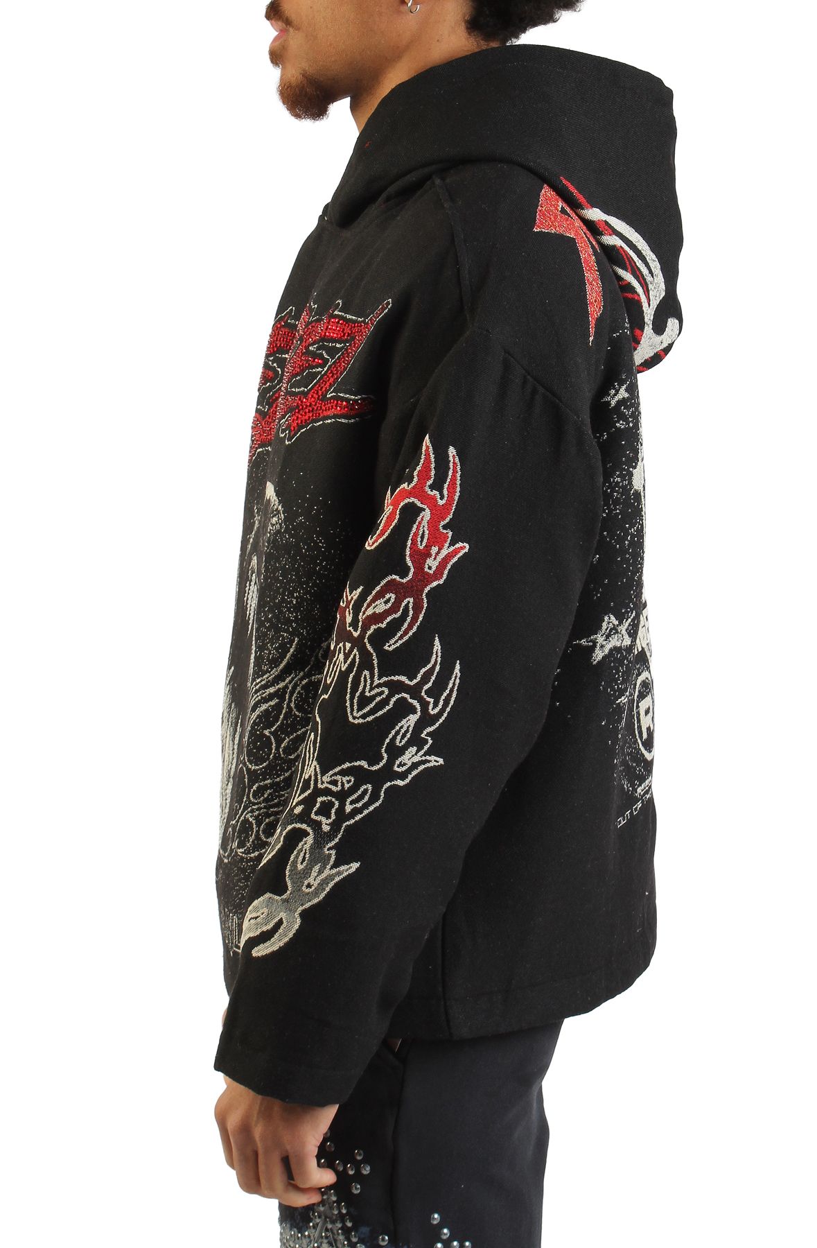 REBEL MINDS Mad Dog Rhinestone Tapestry Hoodie 152-339BLK - Shiekh