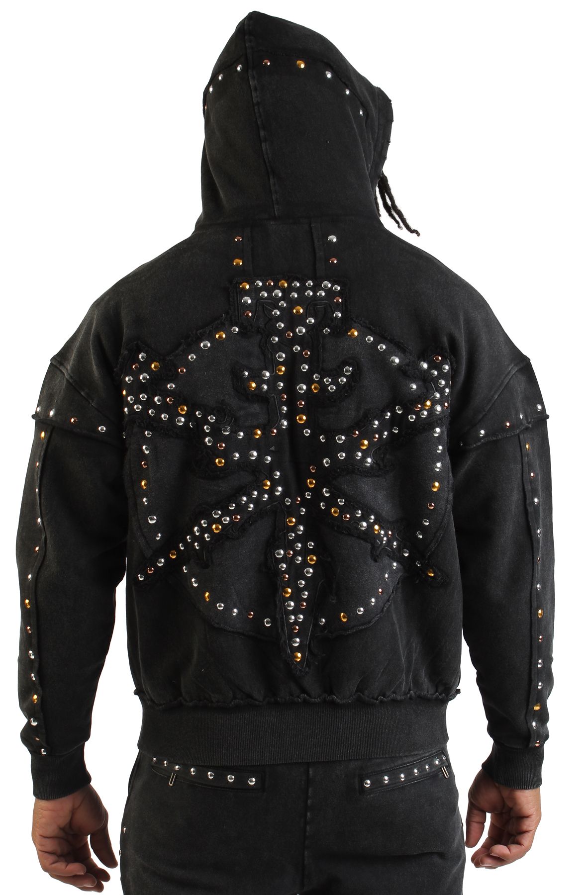 HUDSON Studded Fleece Oversized Zip-Up Hoodie 585-BLK - Shiekh
