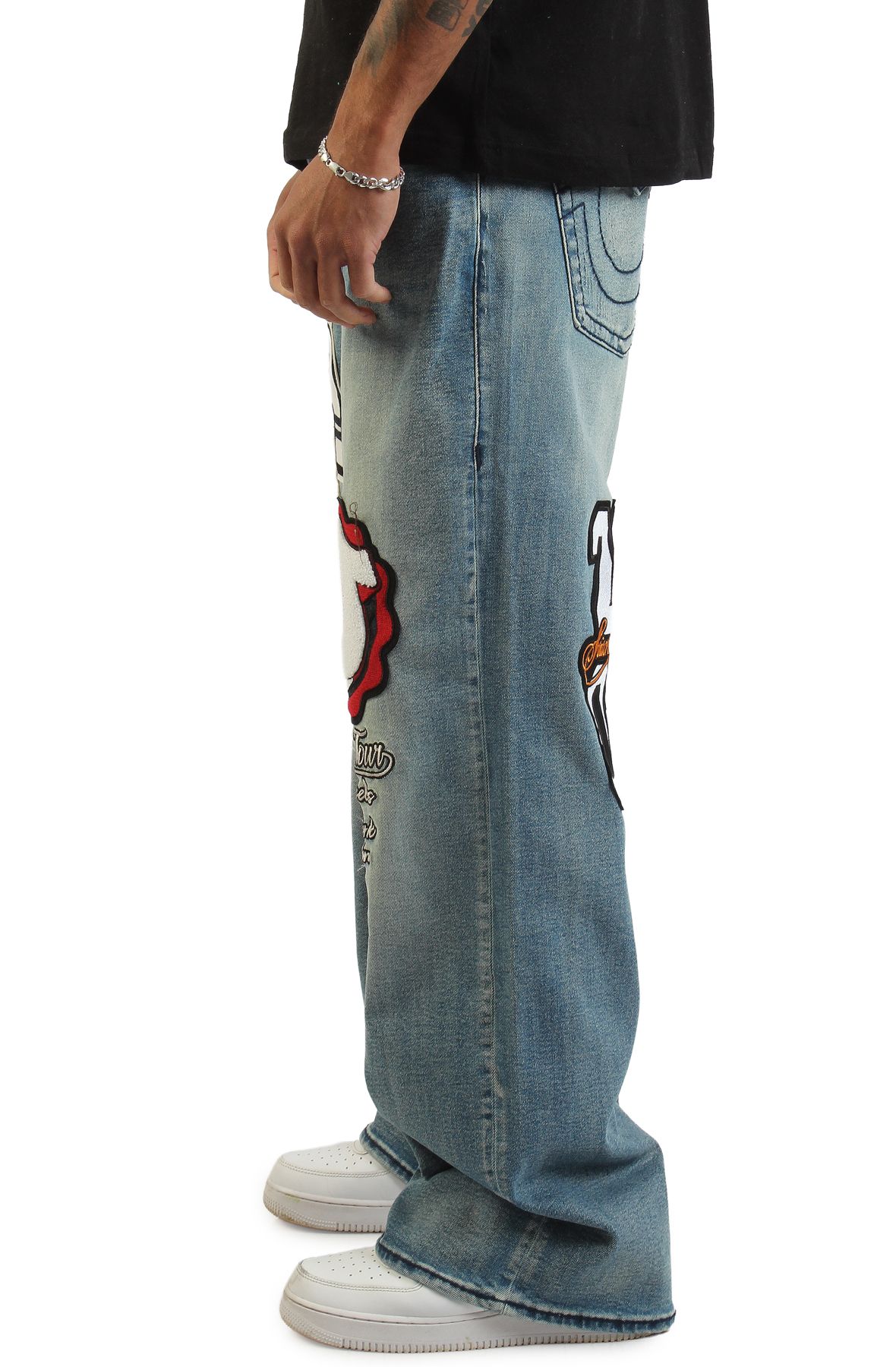 TRUE RELIGION Vinny Varsity Patch Big T Ultra Baggy Jean 34 110197