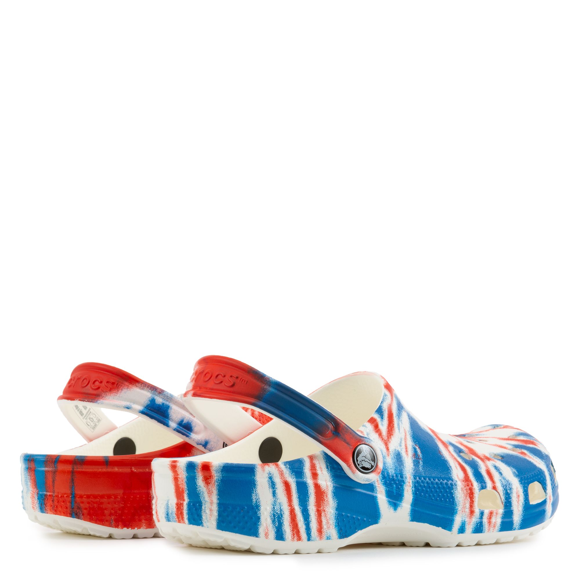 Tie dye red discount white and blue crocs