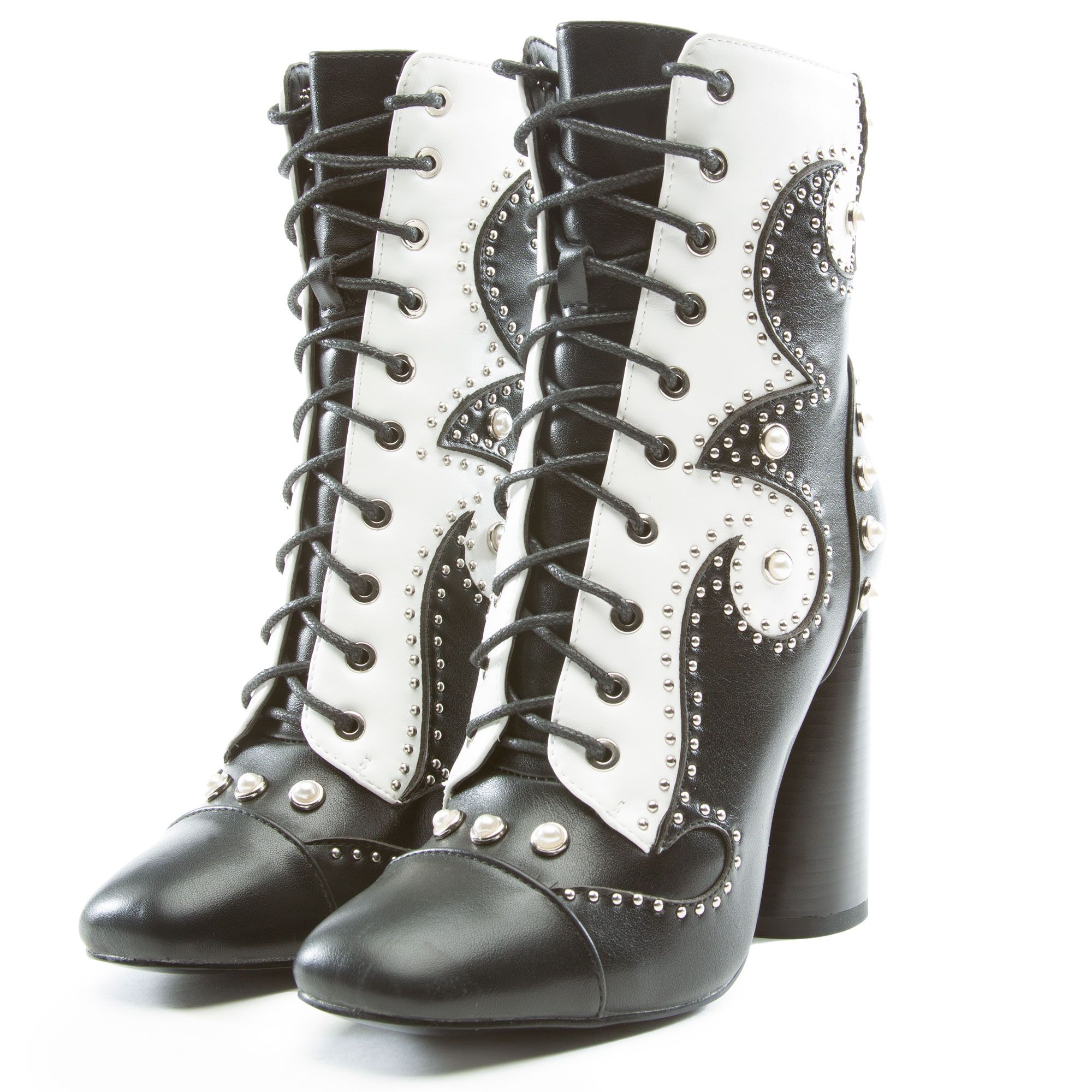 AZALEA WANG Division Lace Up Heel Bootie DIVISION-BLK-WHT