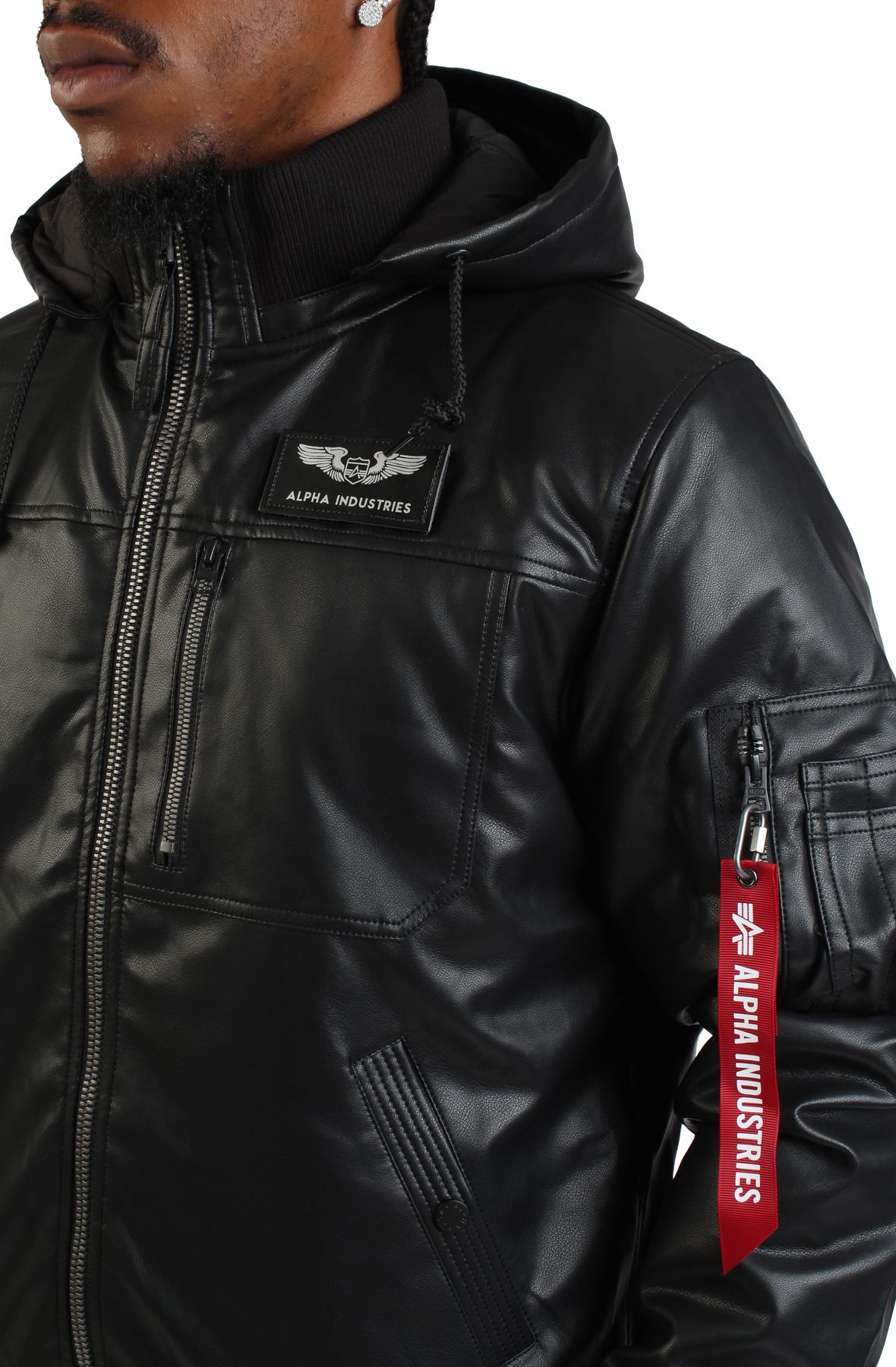ALPHA Faux Leather Hooded Rib Flight Jacket MJF55501C1-BLK - Shiekh