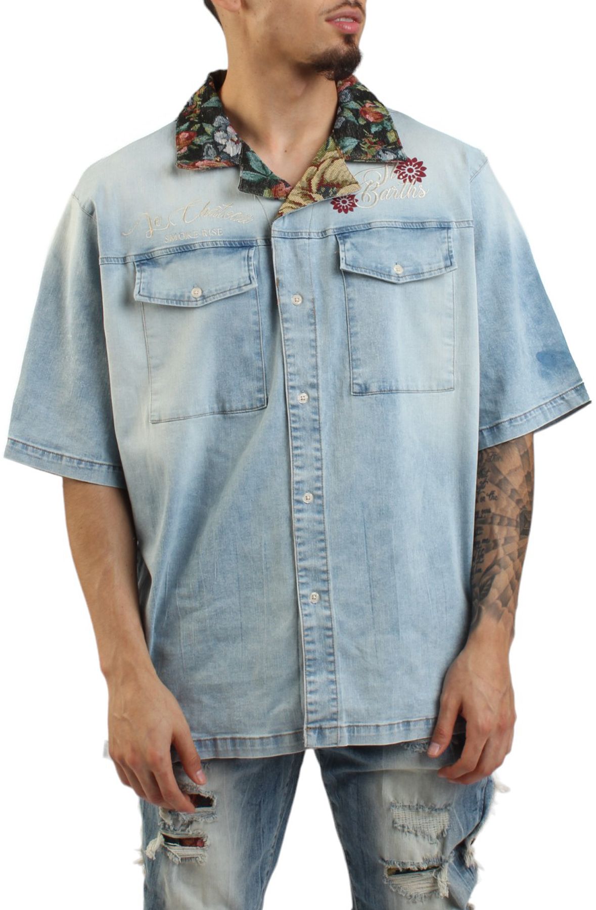 SMOKE RISE Tapestry Lounge Shirt WH24294SK-LBLUE - Shiekh