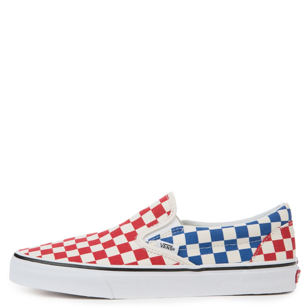 red and blue vans slip ons