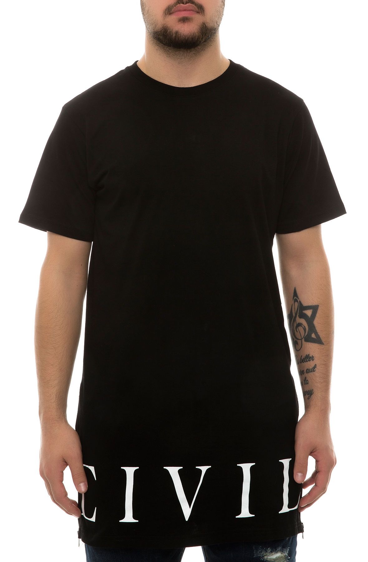 CIVIL The Regime Long Side Zip Tee in Black MTP16A4118BLK Shiekh