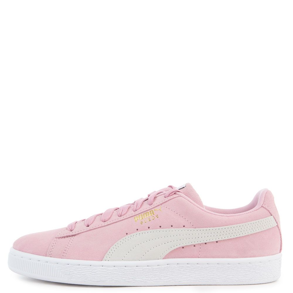 white and pink puma shoes