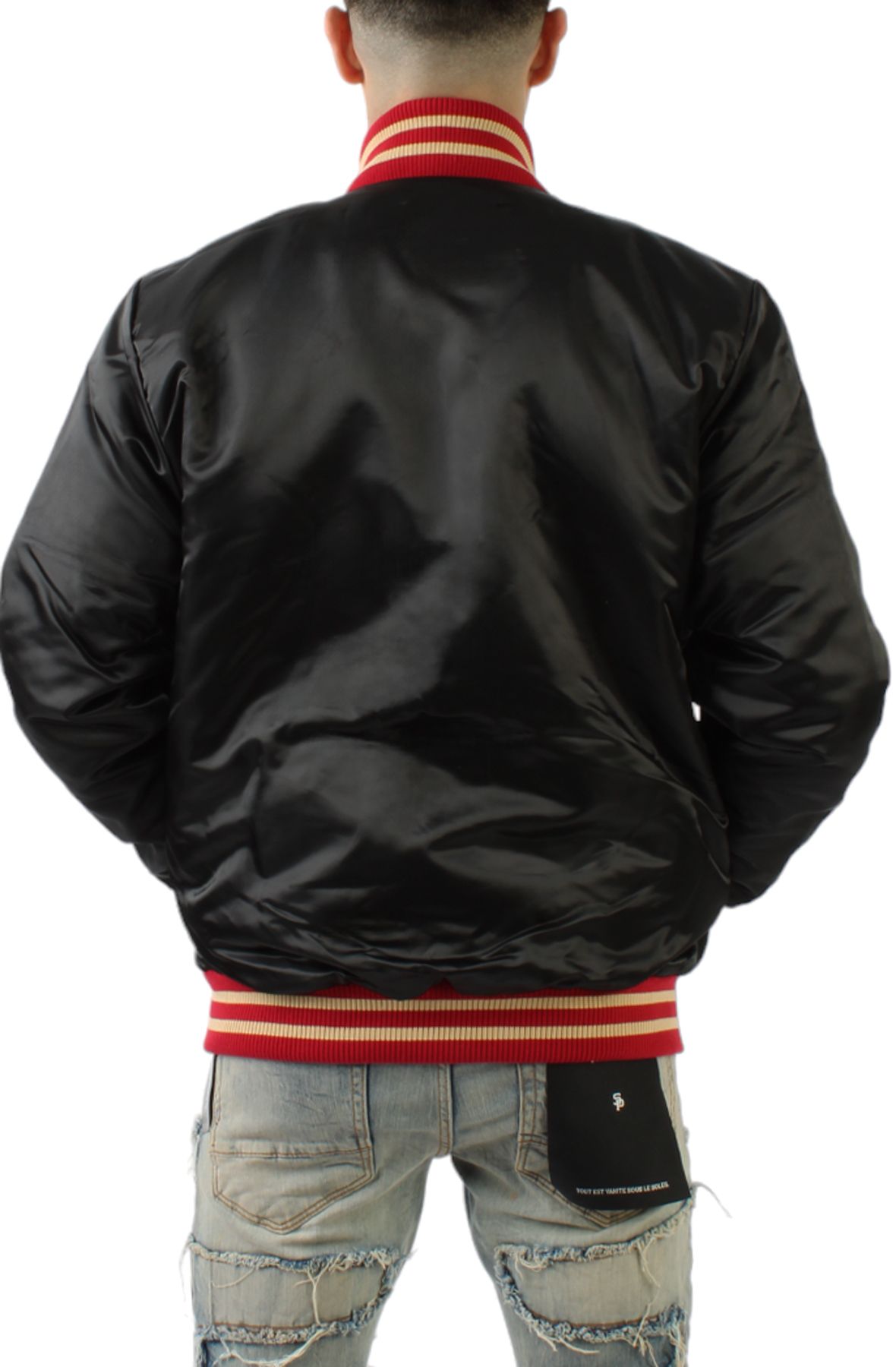 Men's 49ers Champs Satin Jacket - Men's Satin Bomber Jacket With Patches –  Men's Black Varsity Patch Jacket