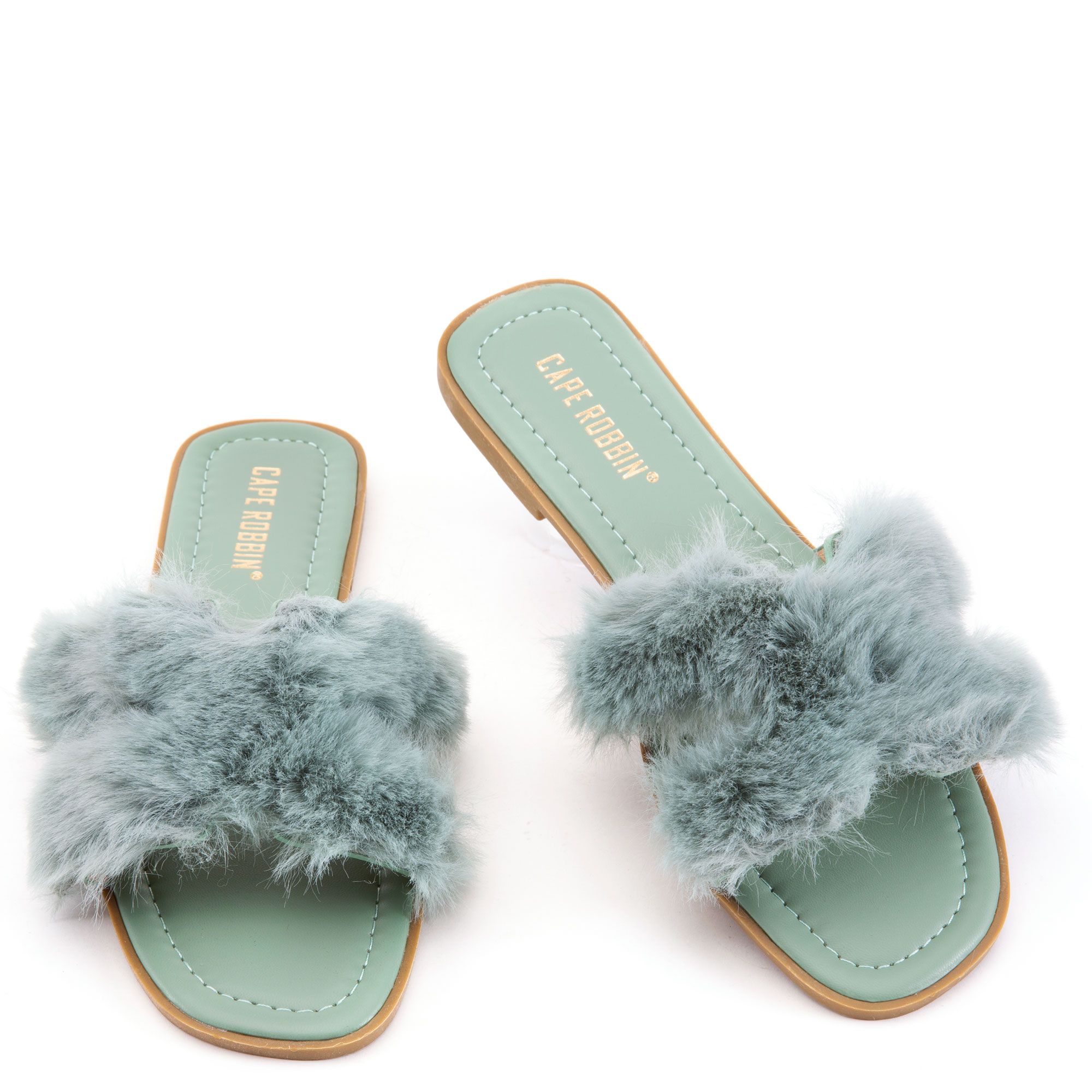 CAPE ROBBIN Lamy Fur Flat Sandals LAMY-GRN - Shiekh