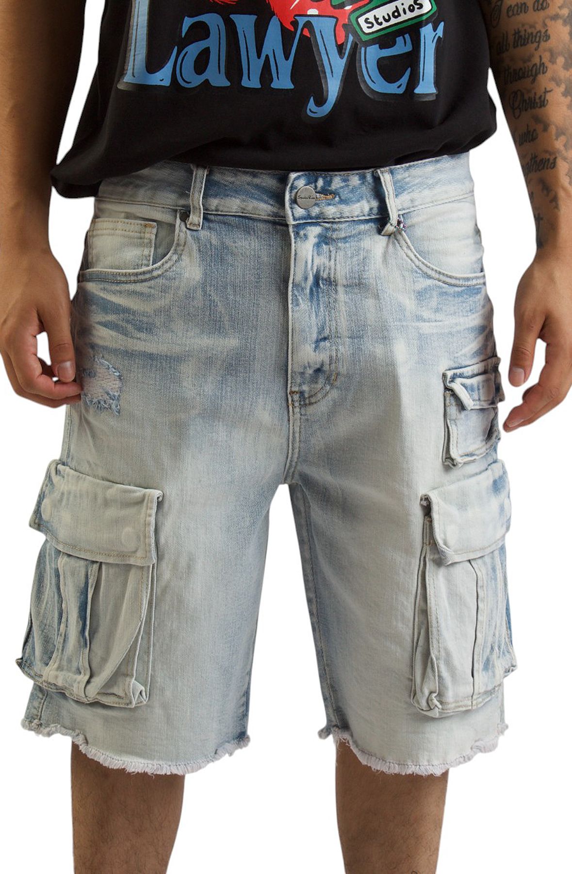 【SATIIIZ】Dian Cargo Bermuda Denim Pants SATIIIZ】Dianne Curved Cargo Denim Pants