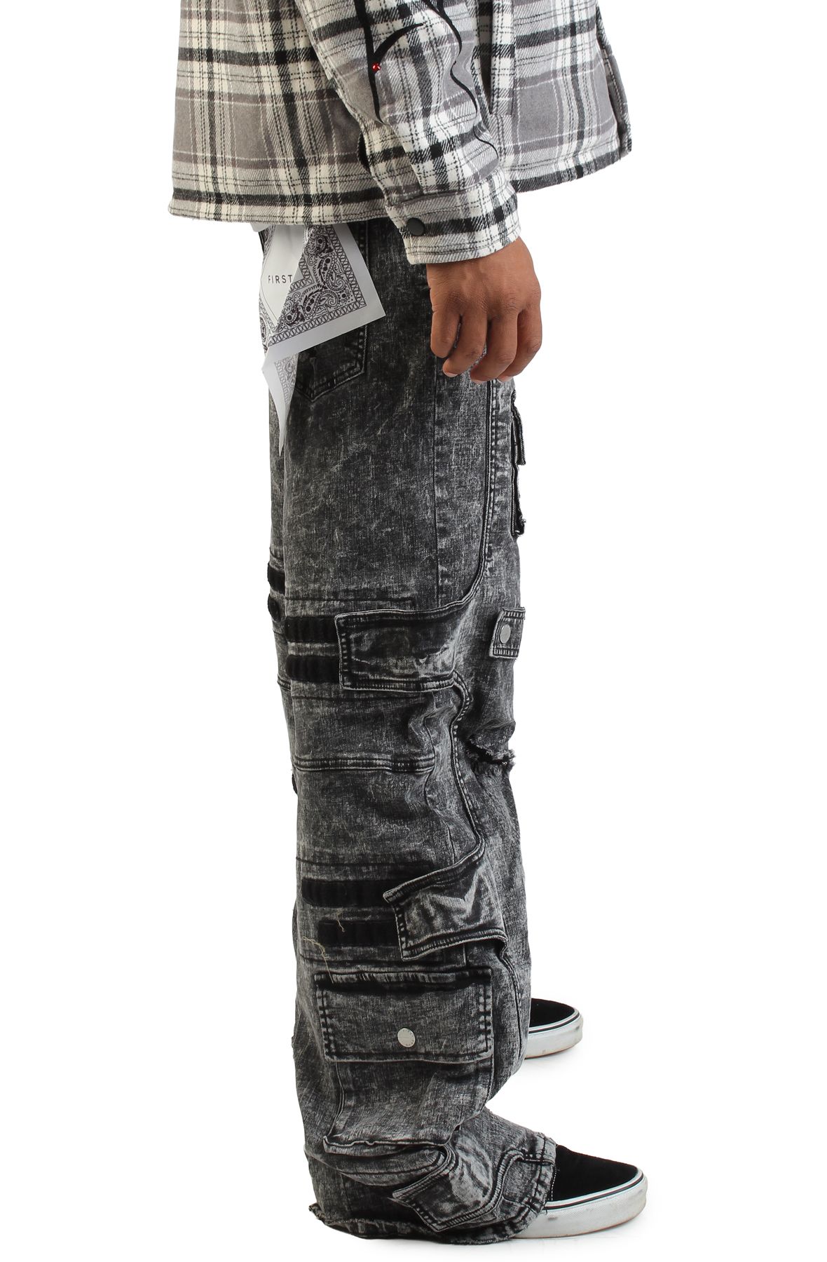FIRST ROW Washed Multi Cargo Denim Y2K Pants FRD3122-BLK - Shiekh