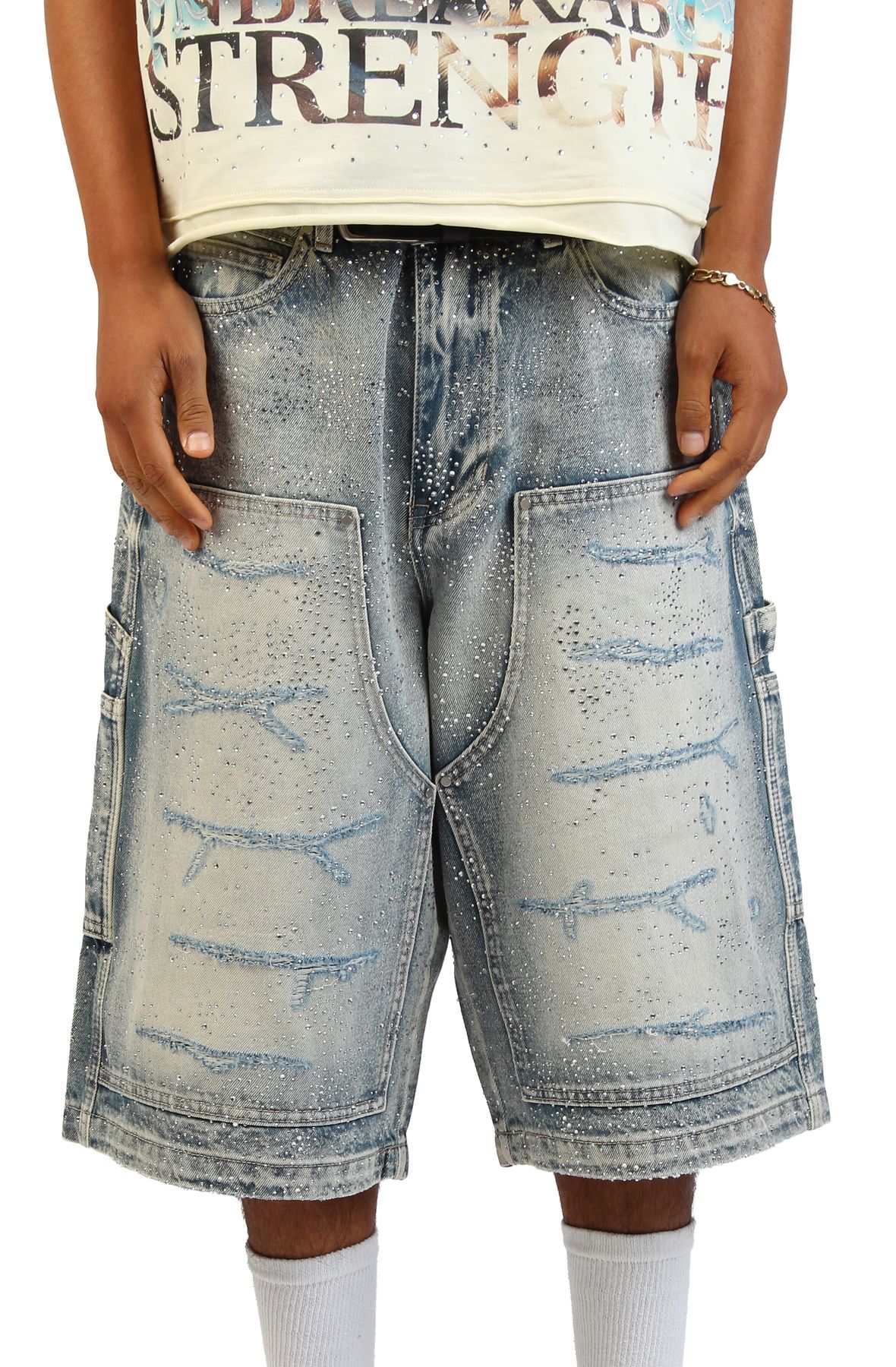 FIRST ROW Rhinestone Denim Jort Shorts FRS3024-TINT - Shiekh