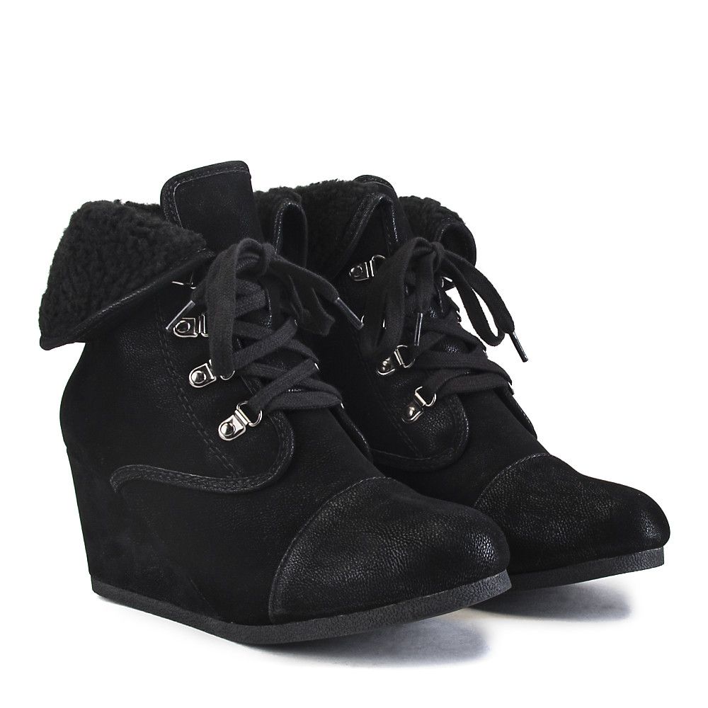 SHIEKH Women's Fur Wedge Ankle Boot NastS FD NASTS/BLK Shiekh