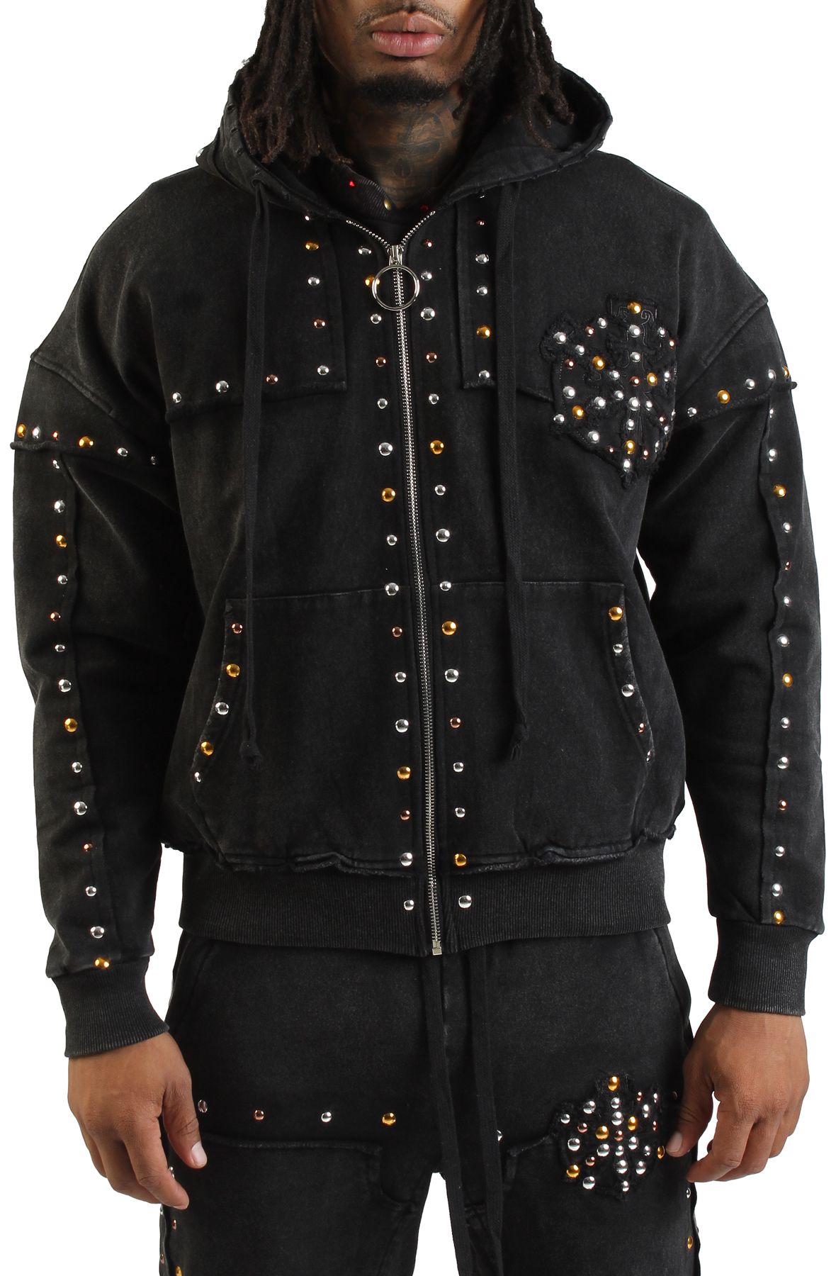 HUDSON Studded Fleece Oversized Zip-Up Hoodie 585-BLK - Shiekh