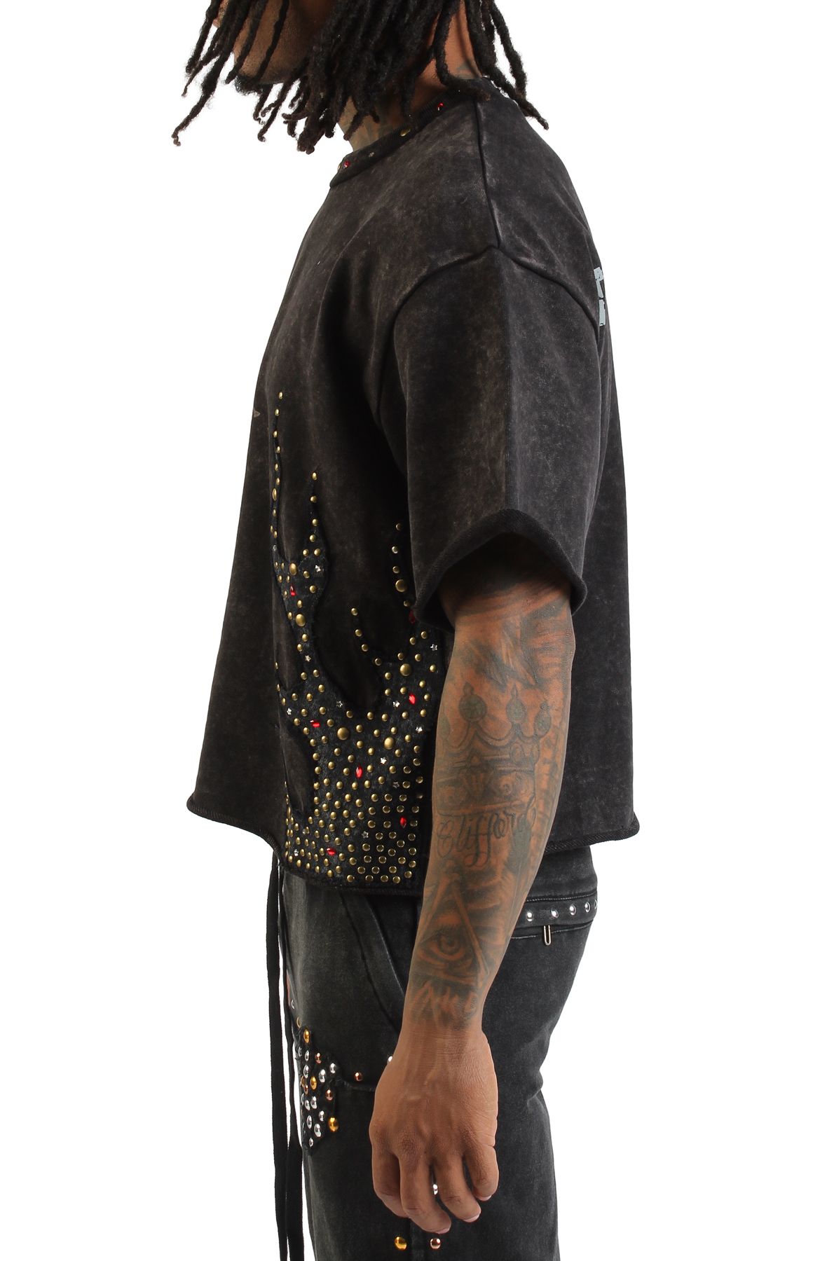 REBEL MINDS Fire Studded Crop T-Shirt 652-168-BK - Shiekh