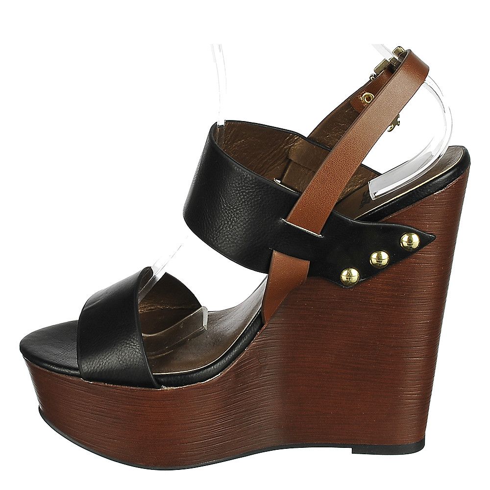 black dress with brown wedges