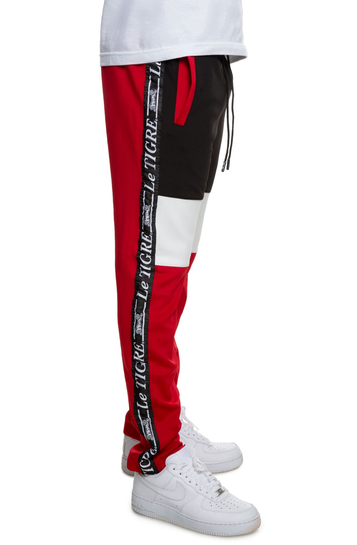 black track pants with red stripe mens